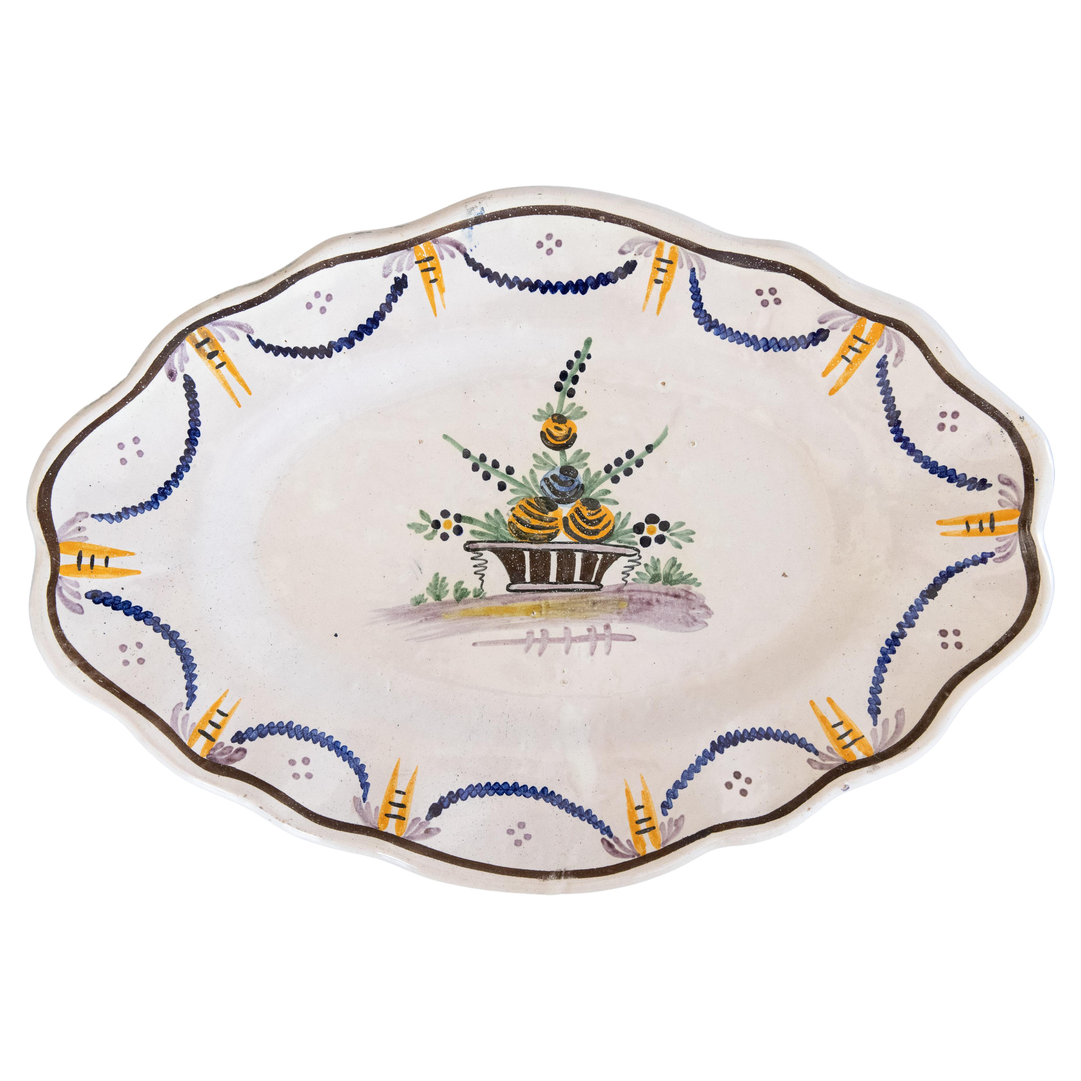 19th Century French Moustiers Faience Oval Scalloped Floral Wall Platter For Sale
