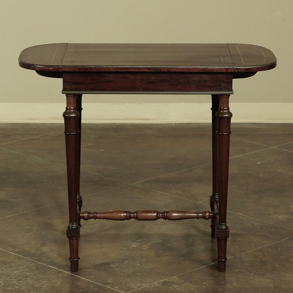 Hand-Crafted 19th Century French Mueche Mahogany Drop Leaf Occasional Table with Brass Inlay For Sale