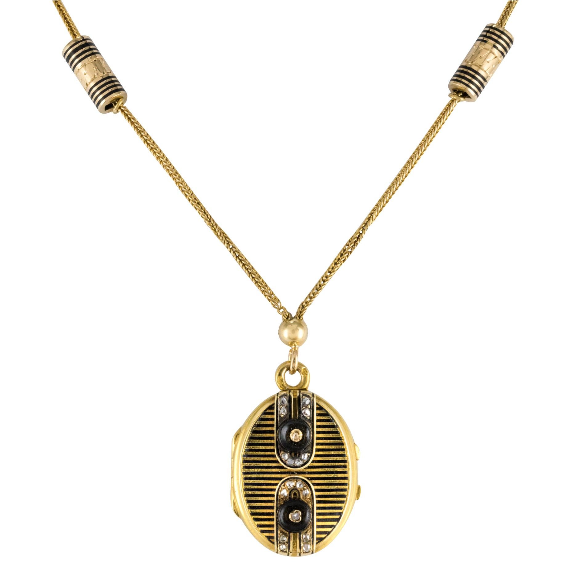 19th Century French Napoleon 3 Diamond Enamelled Locket Pendant Necklace