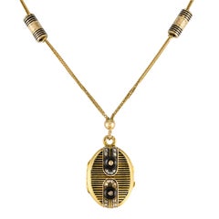 Vintage 19th Century French Napoleon 3 Diamond Enamelled Locket Pendant Necklace