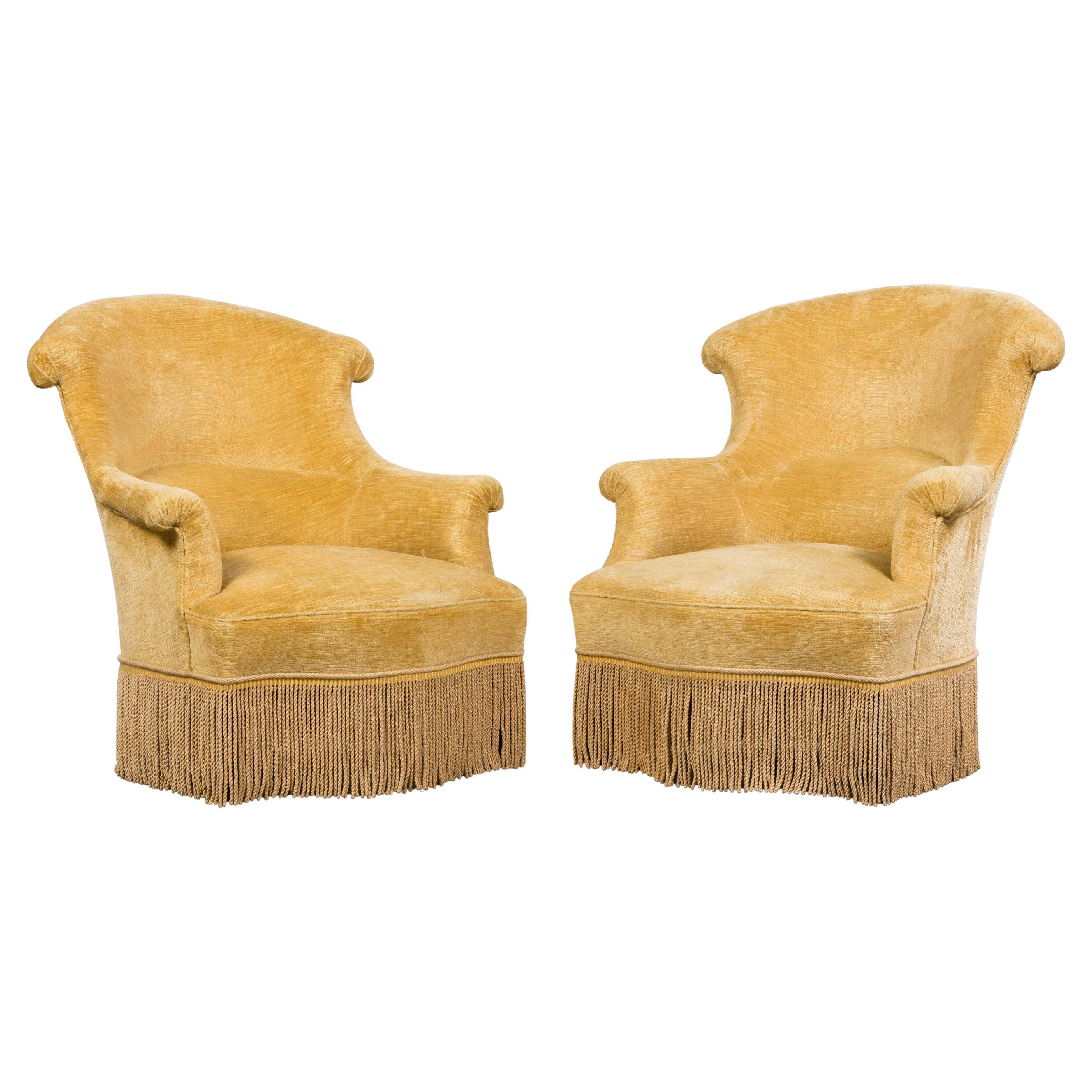 Fauteuils Napoléon III français du XIXe siècle avec velours ocre crème - une paire en vente