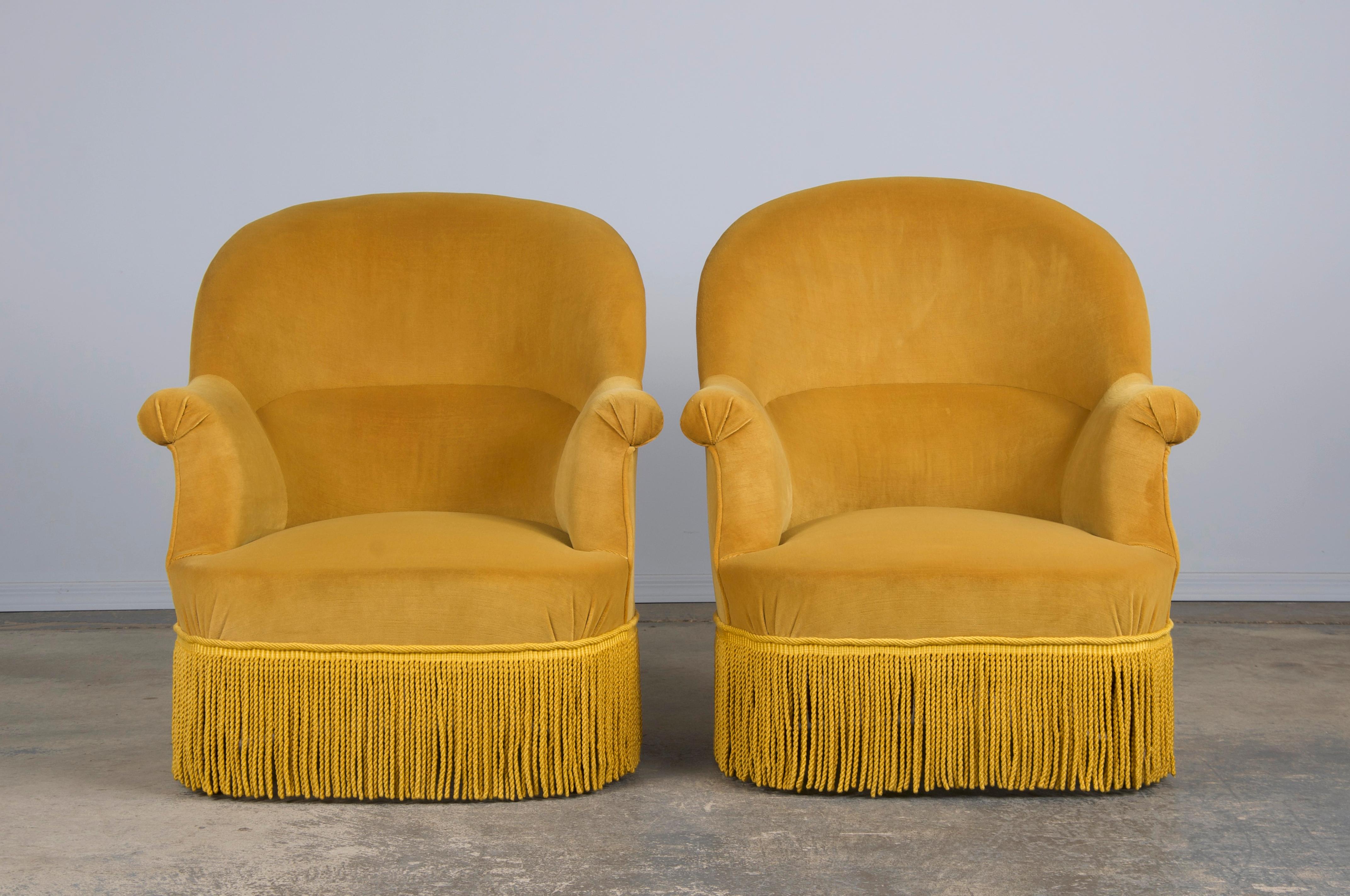 Hand-Crafted 19th Century French Napoleon III Armchairs W/ Golden Yellow Velvet - A Pair