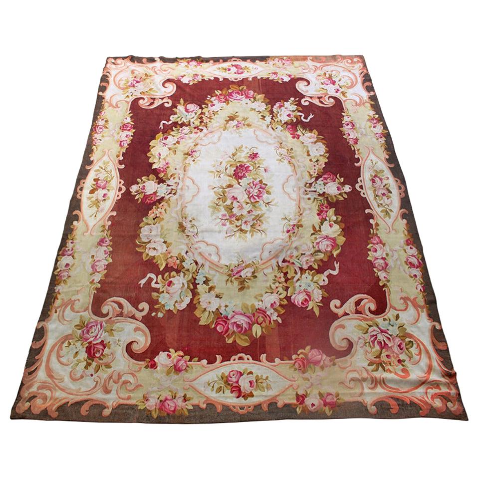 19th Century French Napoleon III Aubusson Rug in Clay, Blue, Green, and Pink For Sale