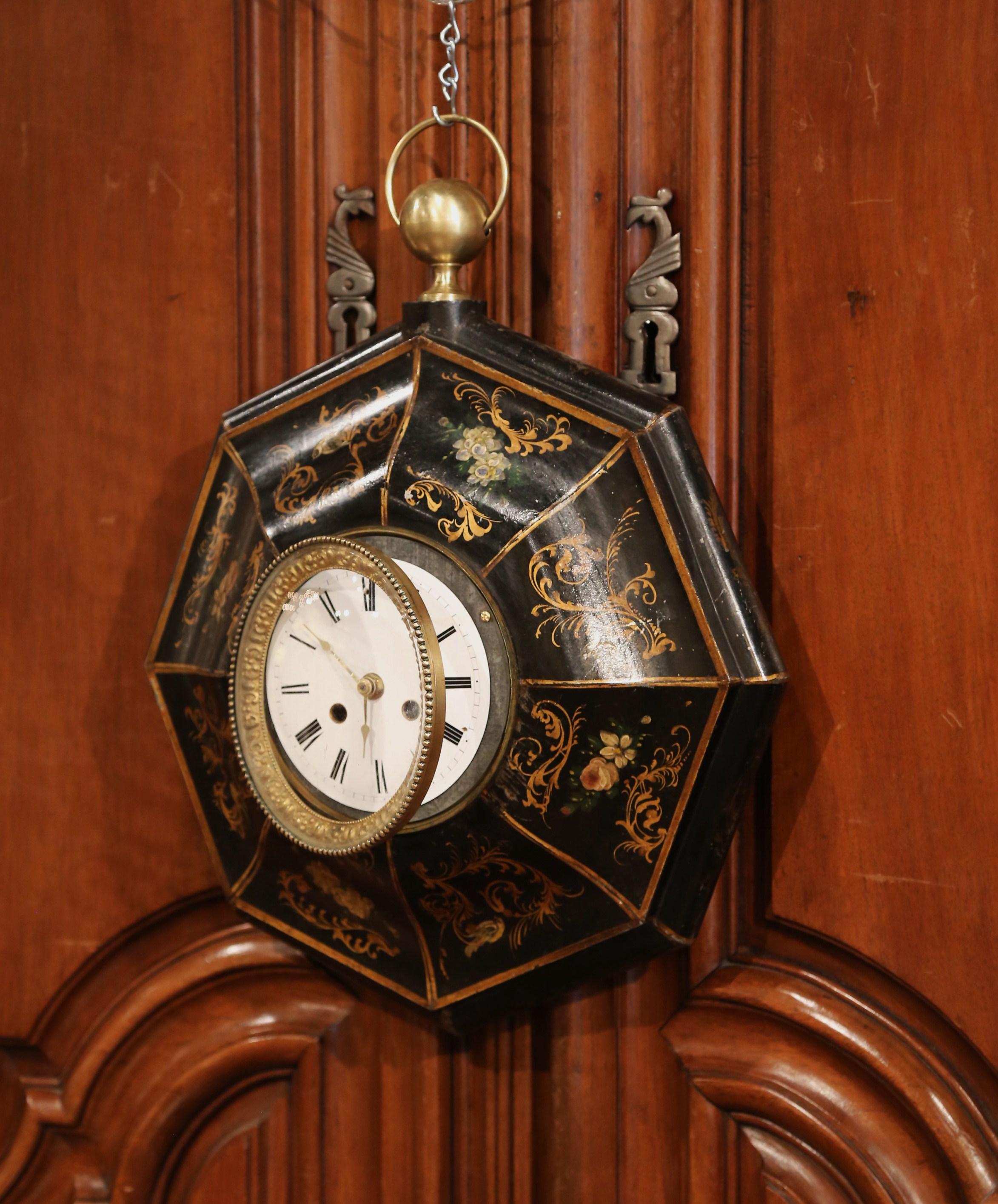 19th Century, French Napoleon III Black and Gilt Painted Tole Wall Clock In Excellent Condition In Dallas, TX