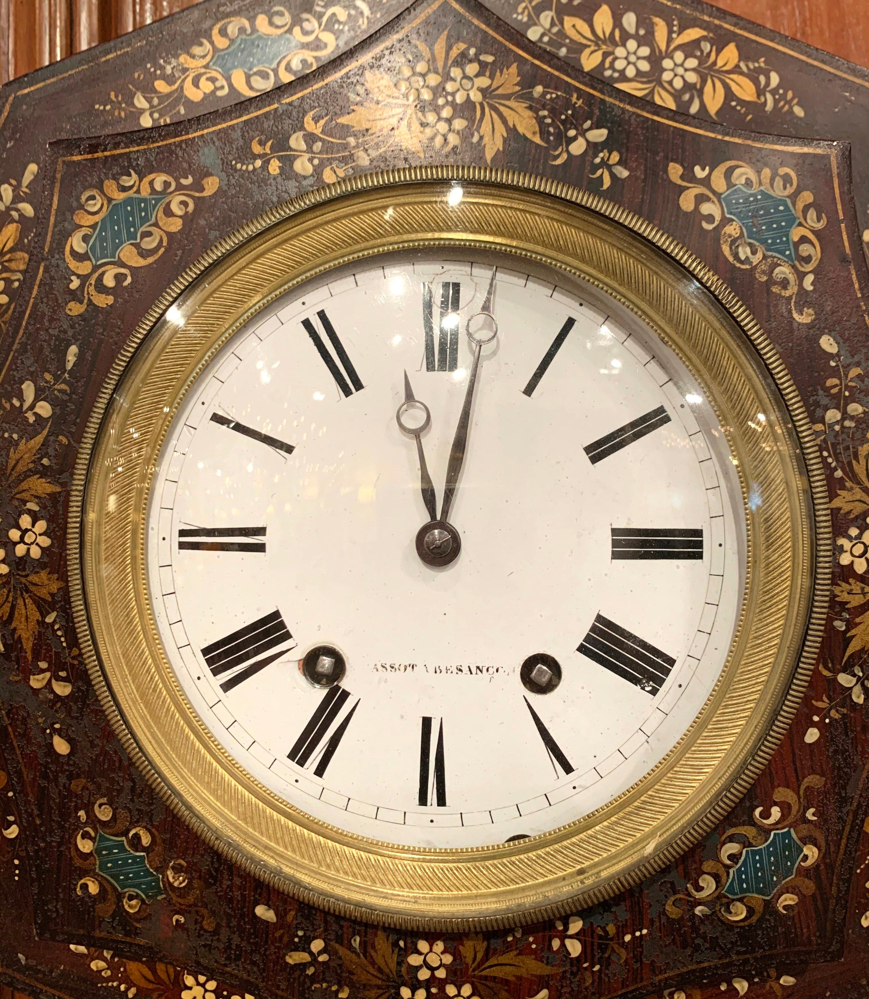 Hand-Painted 19th Century, French Napoleon III Black and Gilt Painted Tole Wall Clock