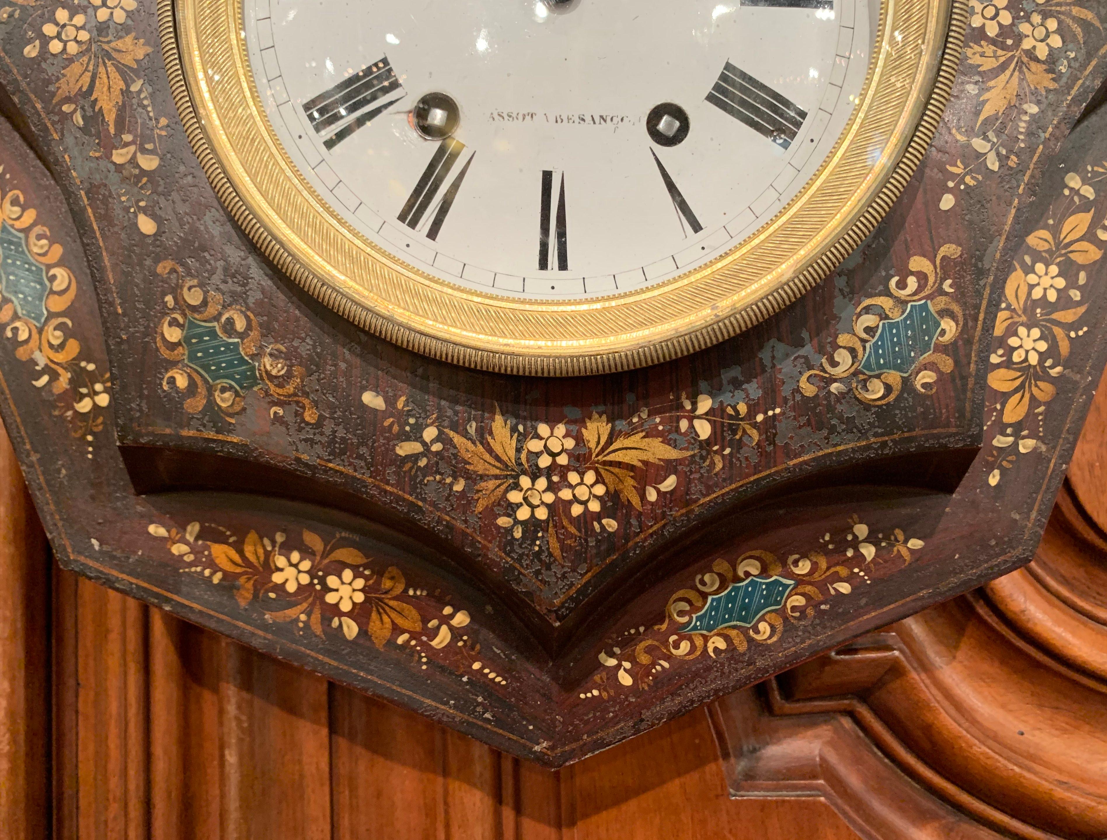 19th Century, French Napoleon III Black and Gilt Painted Tole Wall Clock In Excellent Condition In Dallas, TX