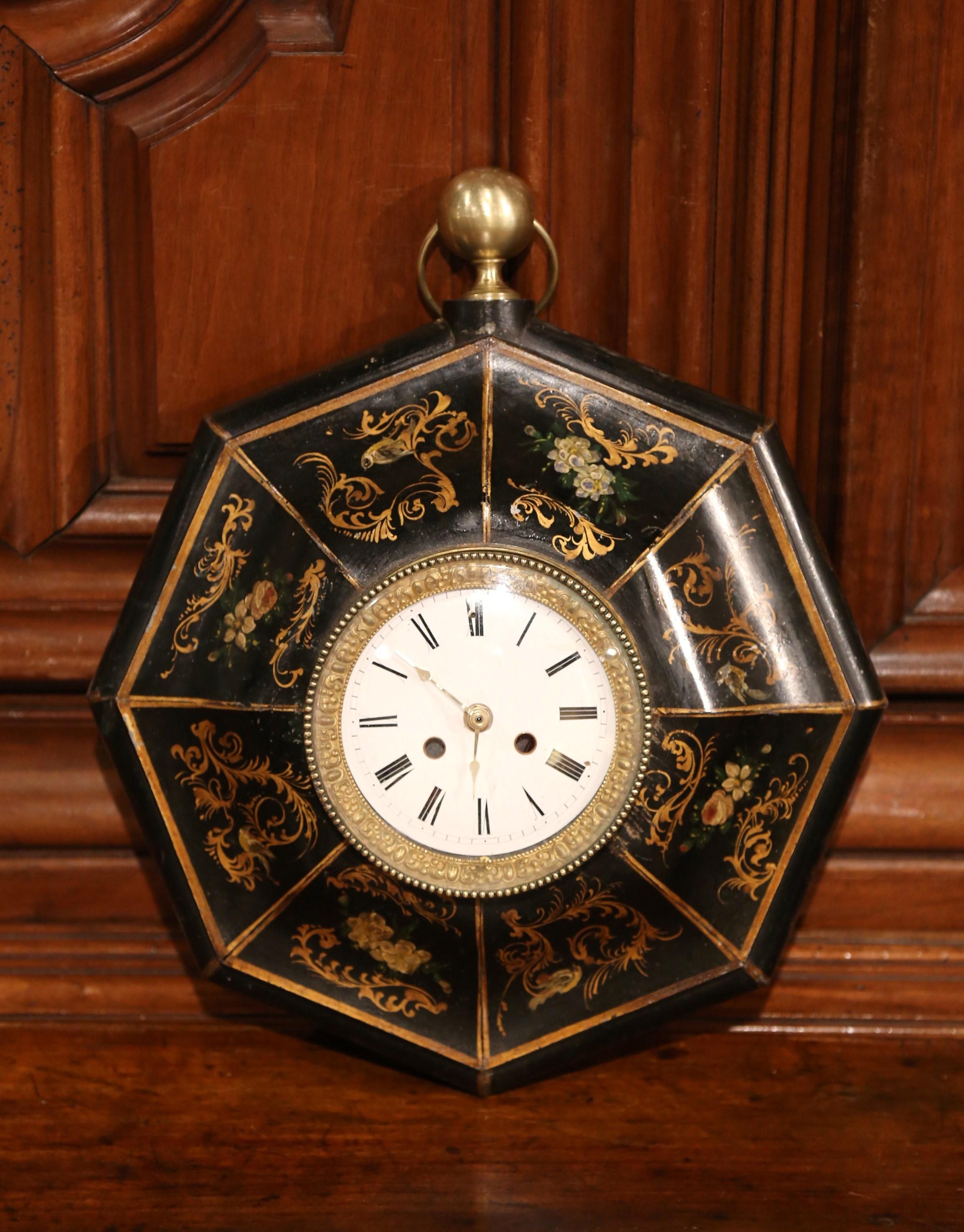 19th Century, French Napoleon III Black and Gilt Painted Tole Wall Clock 1