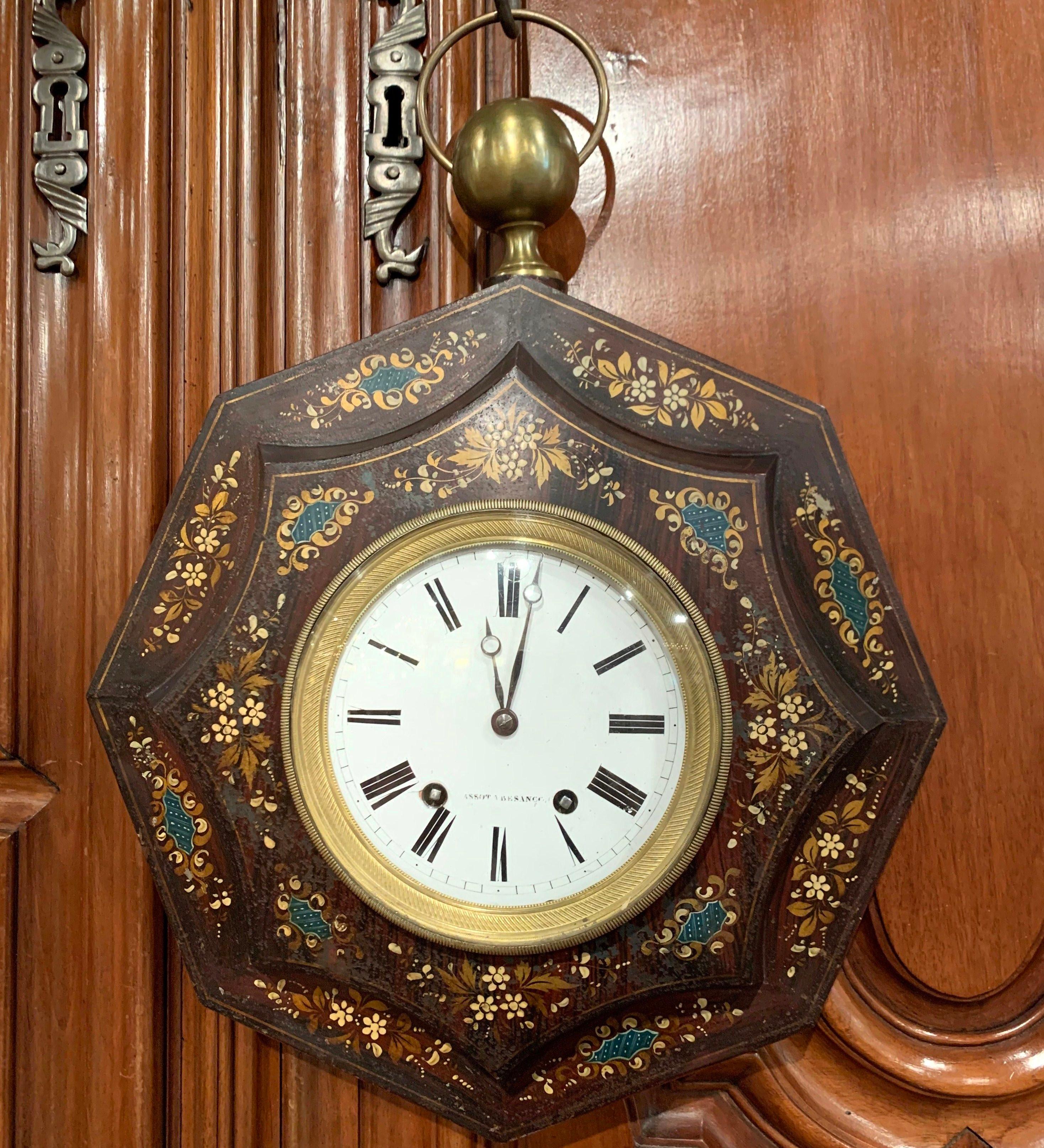 Metal 19th Century, French Napoleon III Black and Gilt Painted Tole Wall Clock