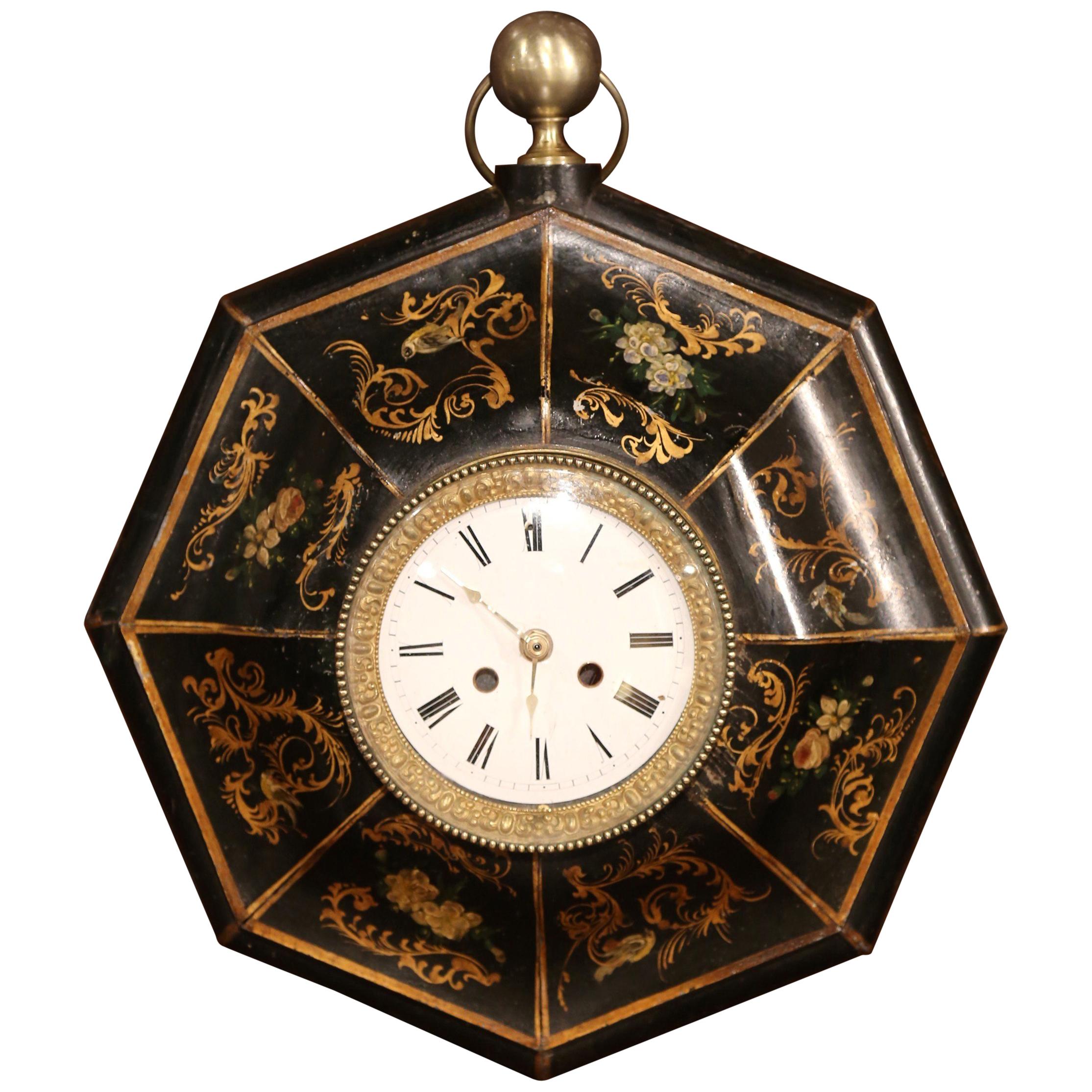 19th Century, French Napoleon III Black and Gilt Painted Tole Wall Clock
