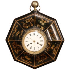 Antique 19th Century, French Napoleon III Black and Gilt Painted Tole Wall Clock