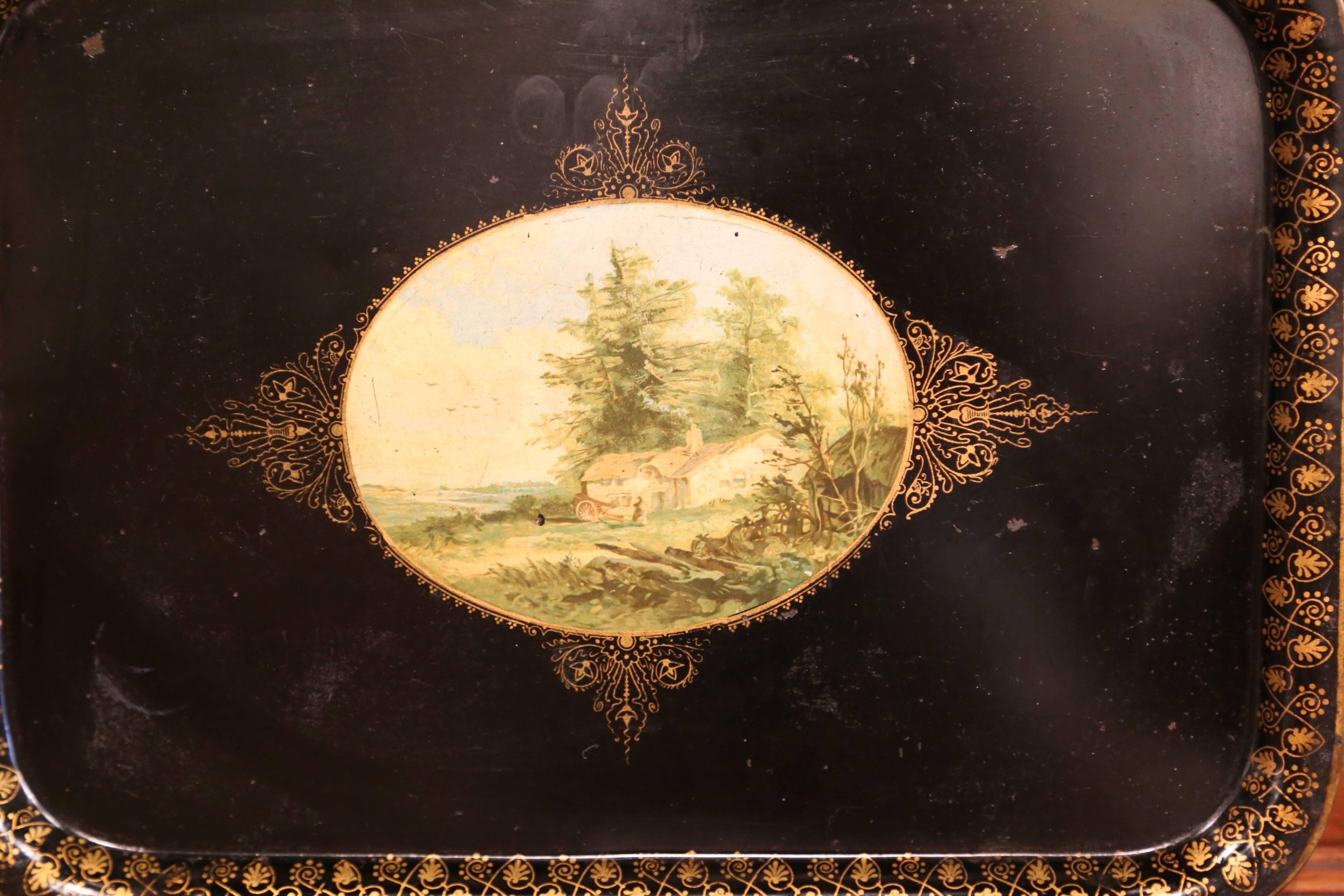 Blackened 19th Century French Napoleon III Black and Gilt Tole Tray with Pastoral Scene