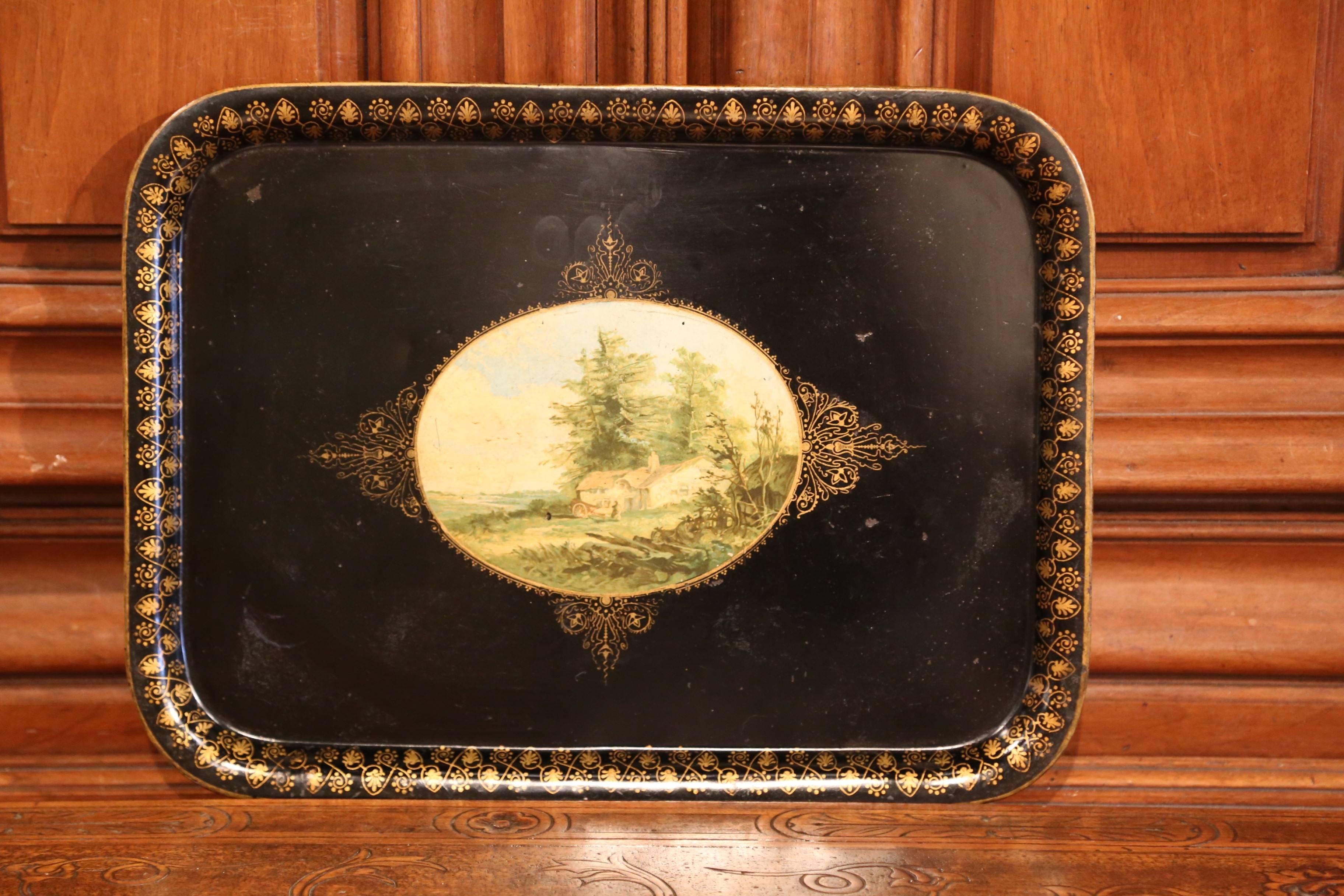 19th Century French Napoleon III Black and Gilt Tole Tray with Pastoral Scene In Excellent Condition In Dallas, TX