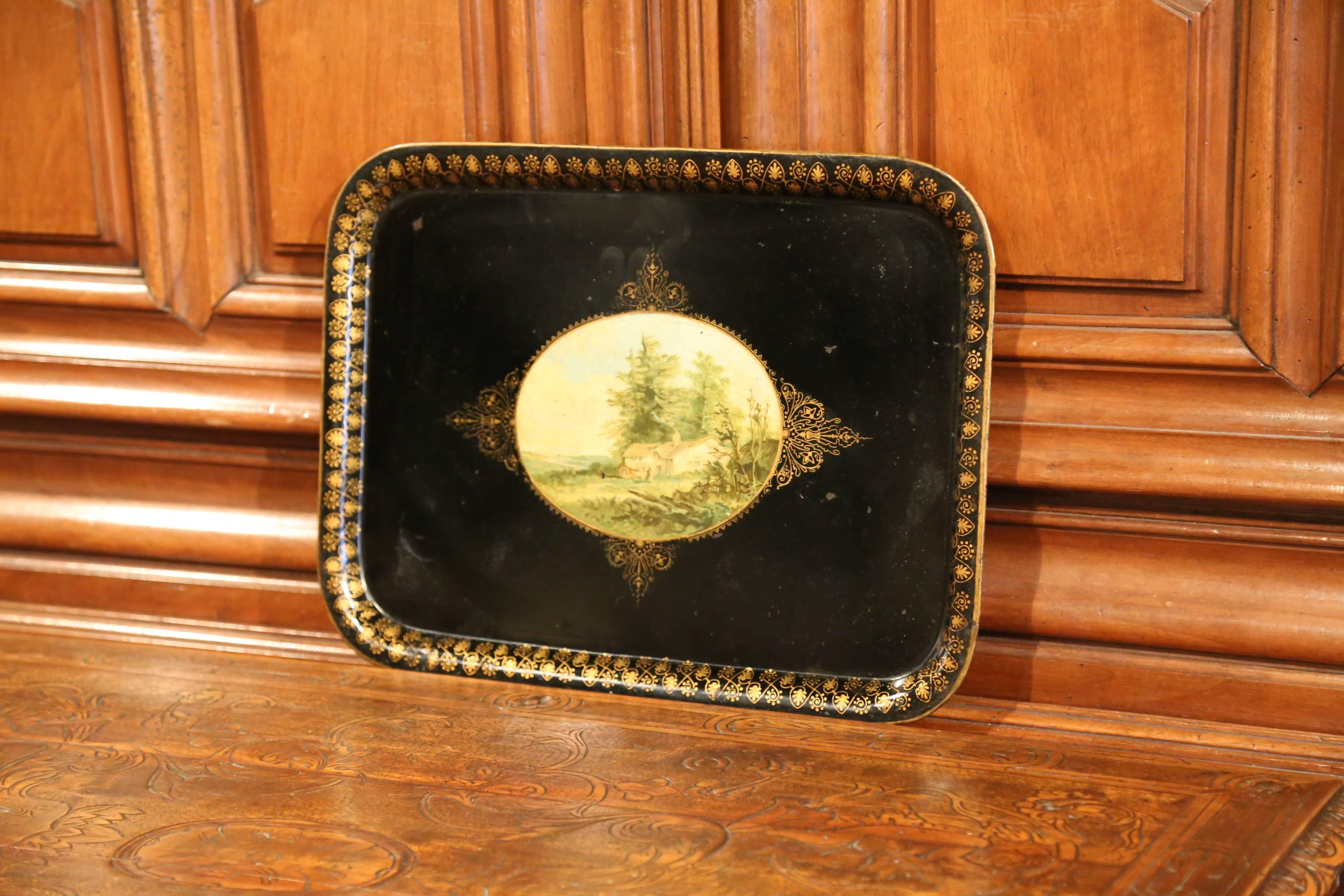 Tôle 19th Century French Napoleon III Black and Gilt Tole Tray with Pastoral Scene