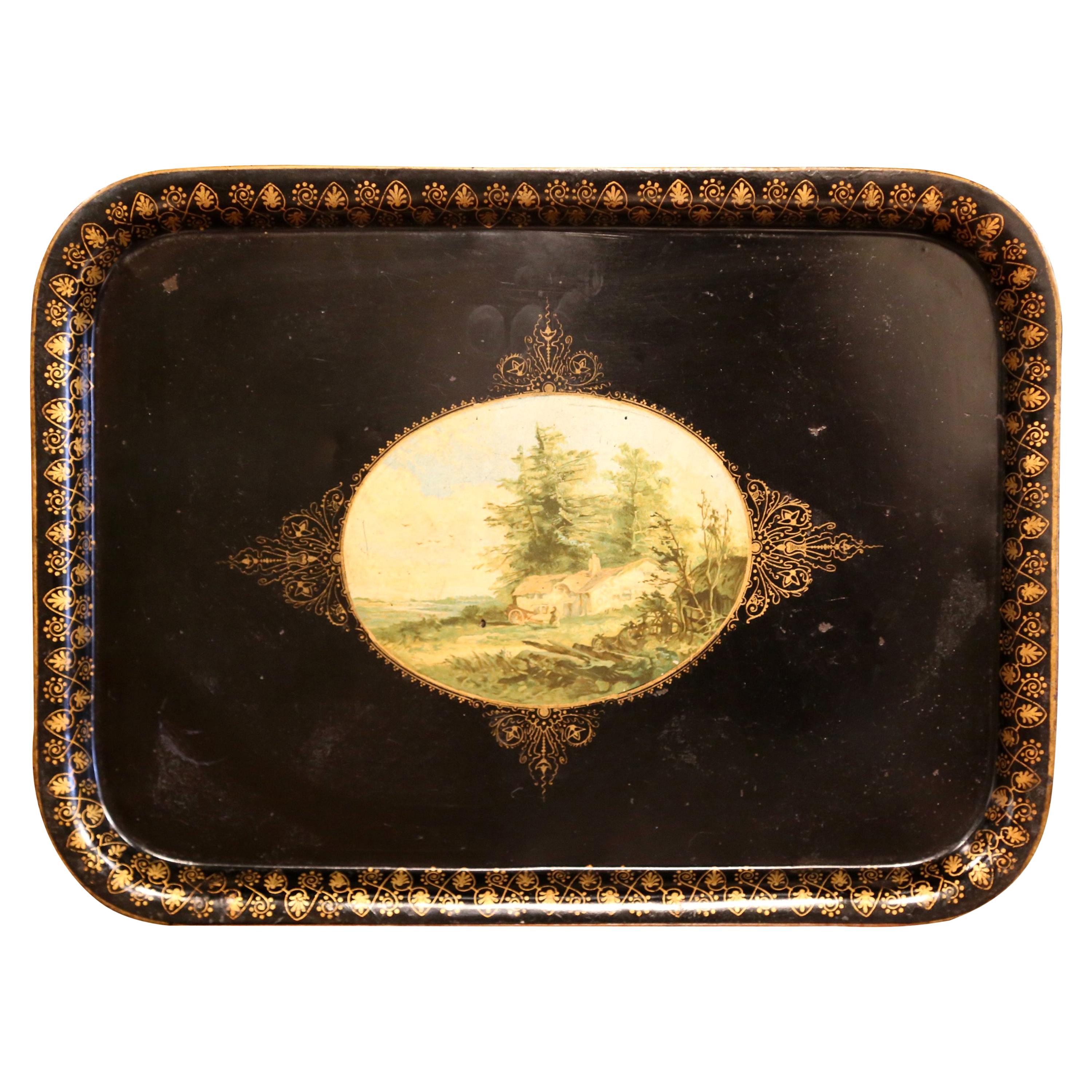 19th Century French Napoleon III Black and Gilt Tole Tray with Pastoral Scene