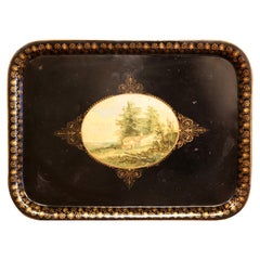 Antique 19th Century French Napoleon III Black and Gilt Tole Tray with Pastoral Scene