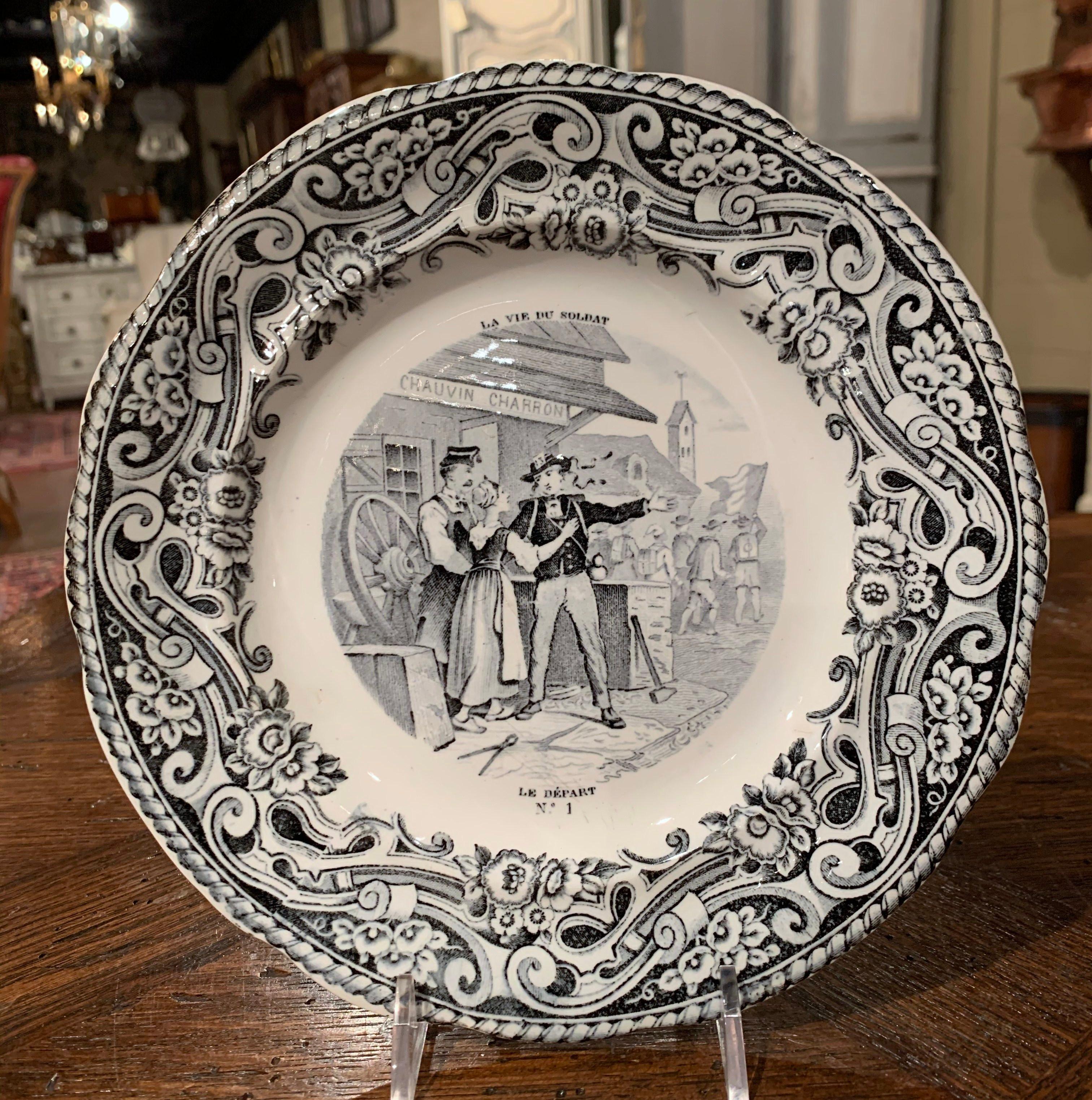 19th Century French Napoleon III Black and White Plates from Gien, Set of 8 In Excellent Condition In Dallas, TX