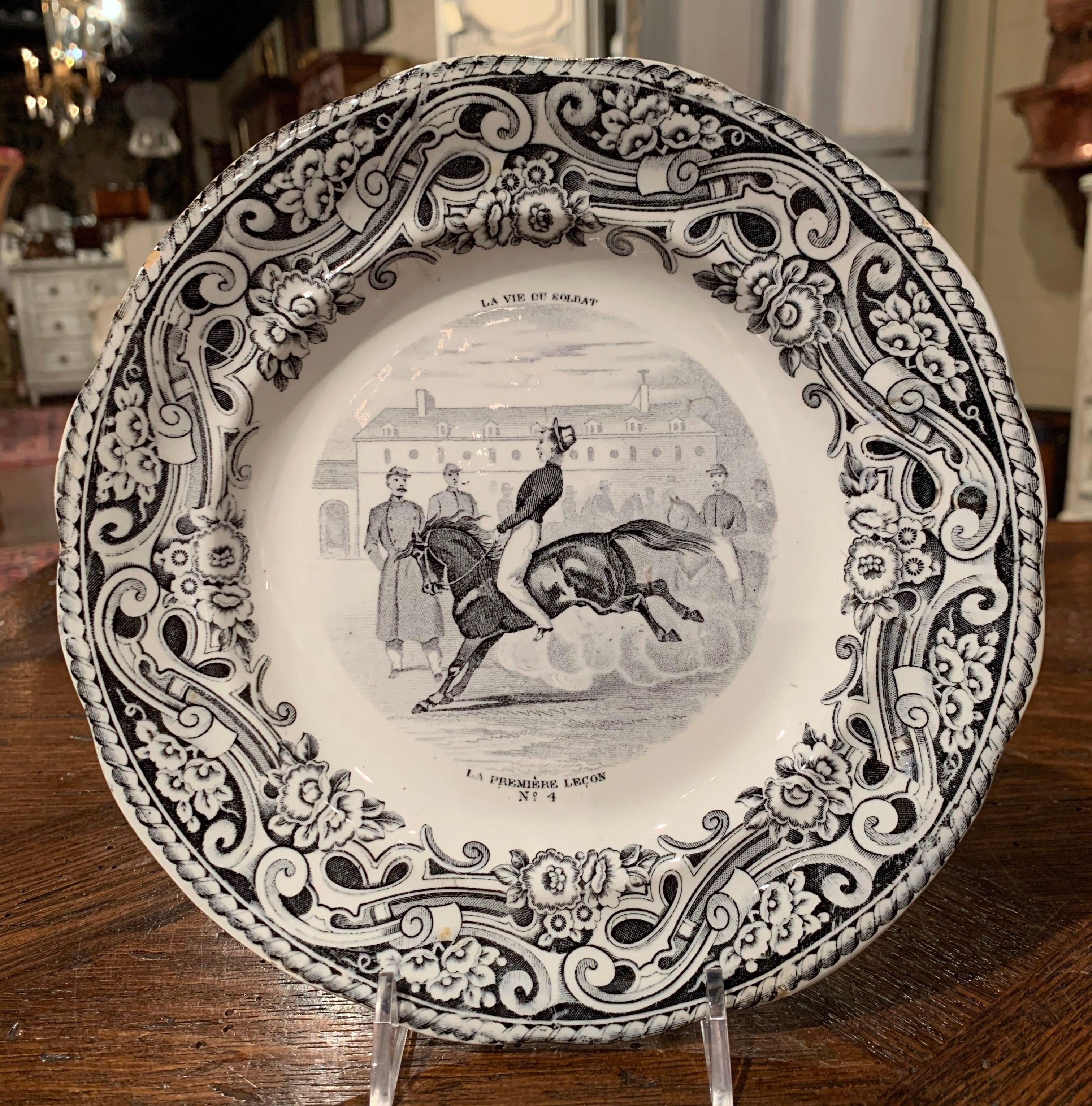 Faience 19th Century French Napoleon III Black and White Plates from Gien, Set of 8