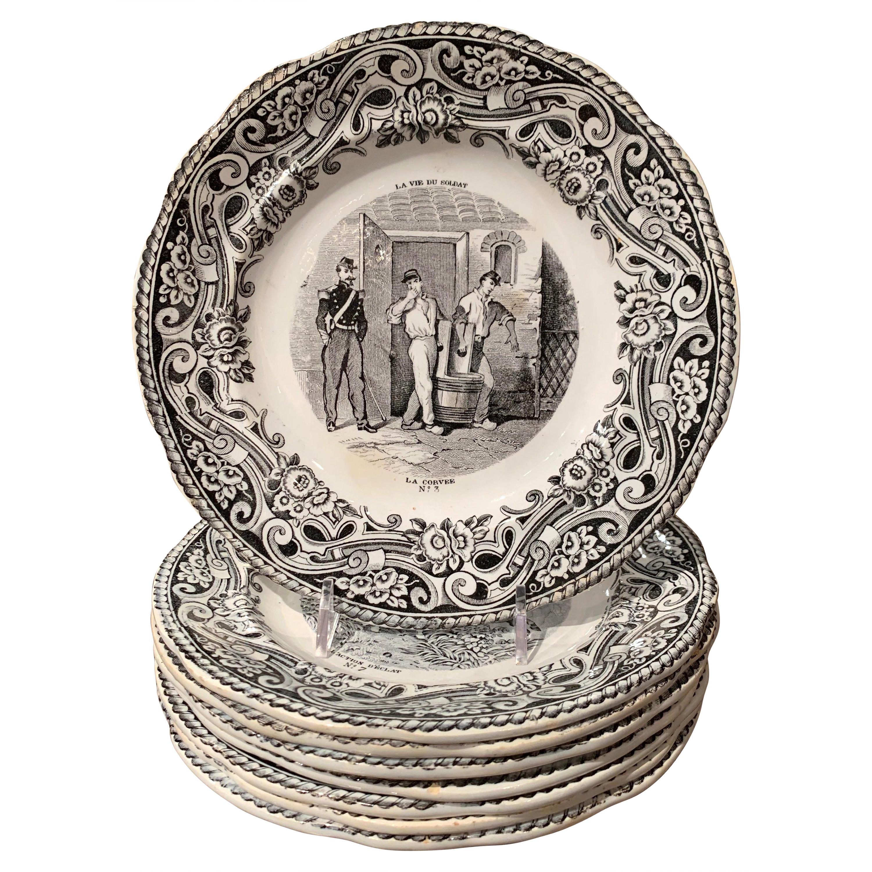 19th Century French Napoleon III Black and White Plates from Gien, Set of 8