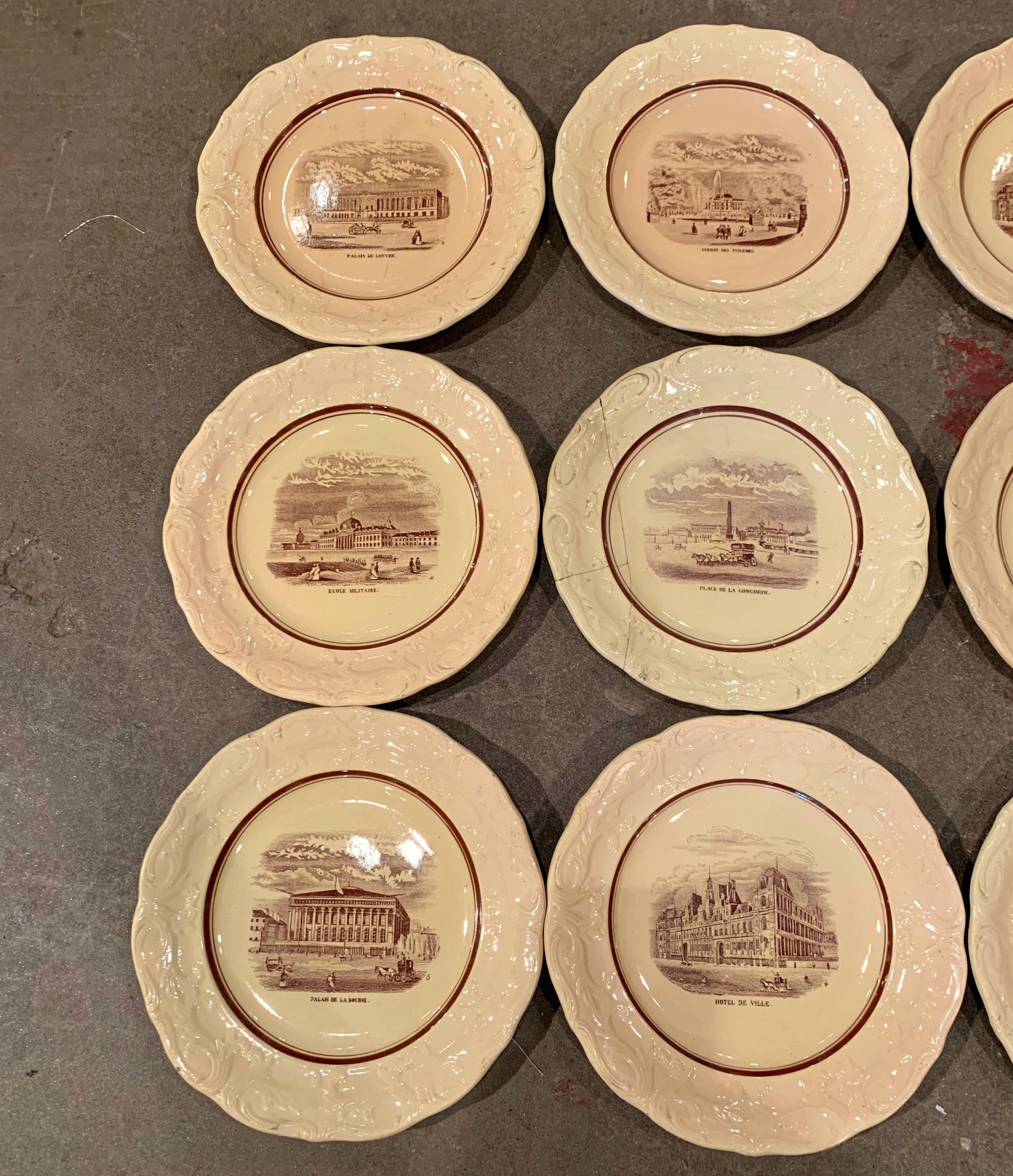 Faience 19th Century French Napoleon III Black & Beige Paris Monuments Plates, Set of 12 For Sale