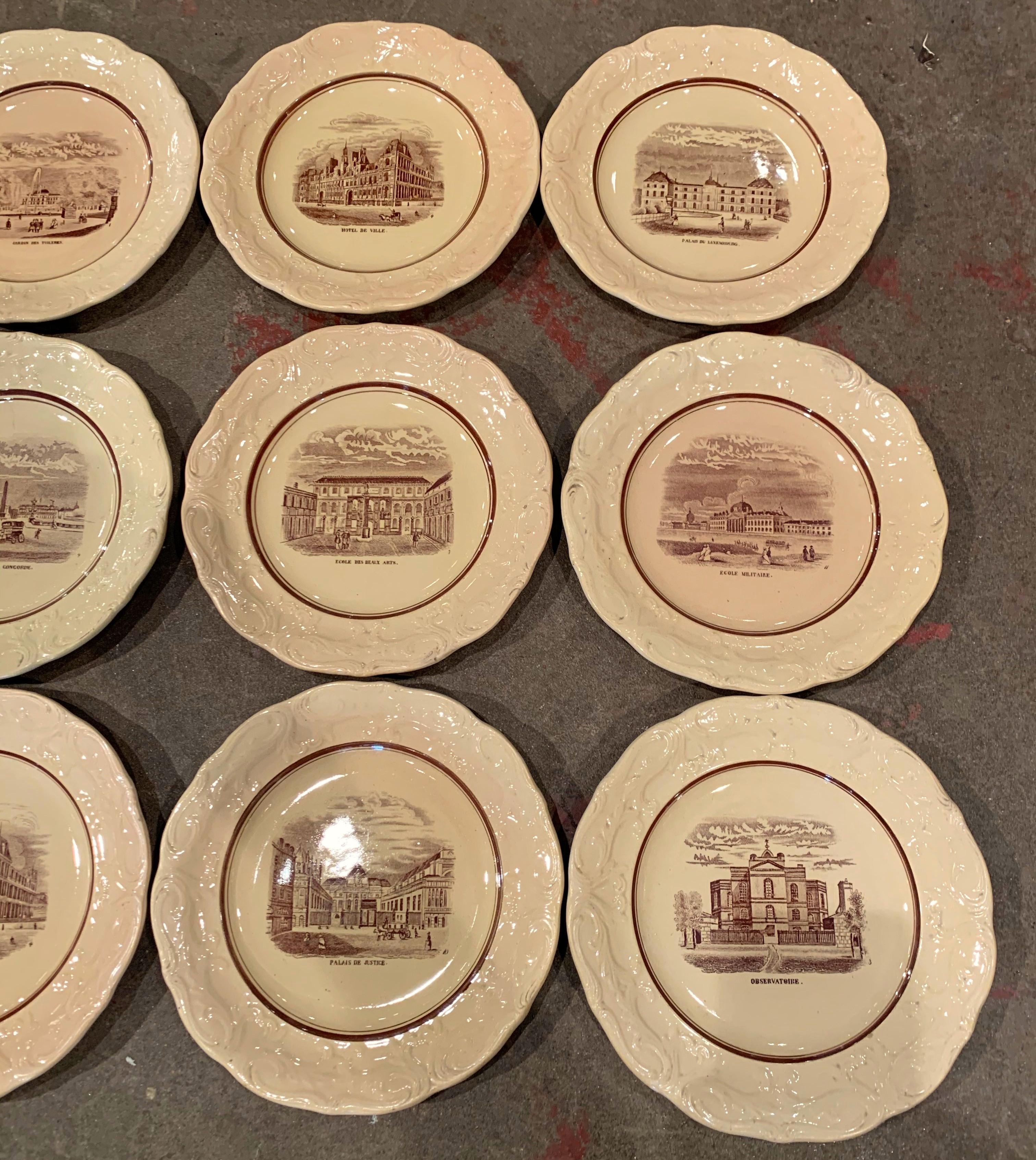 19th Century French Napoleon III Black & Beige Paris Monuments Plates, Set of 12 For Sale 1