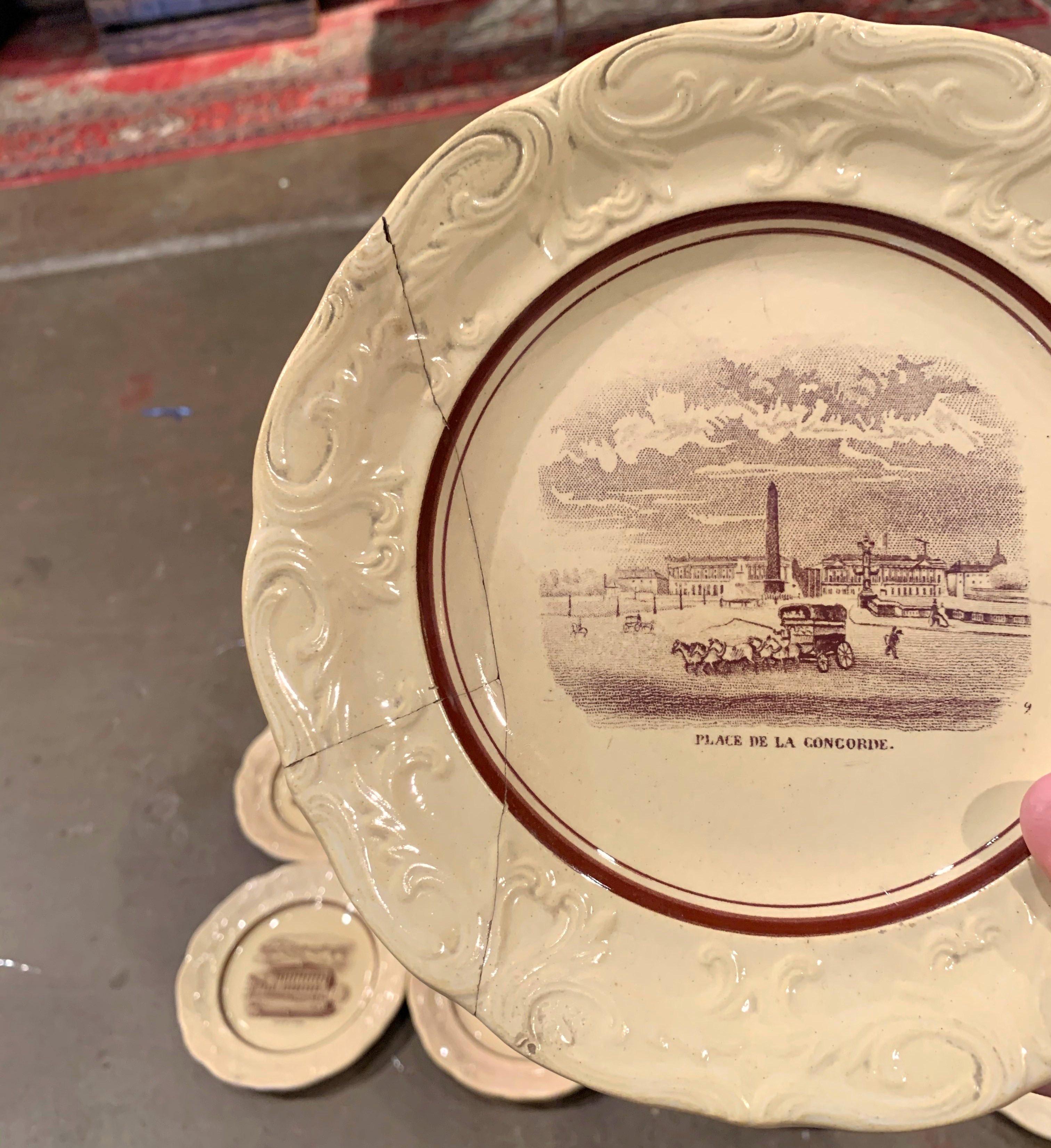 19th Century French Napoleon III Black & Beige Paris Monuments Plates, Set of 12 For Sale 4