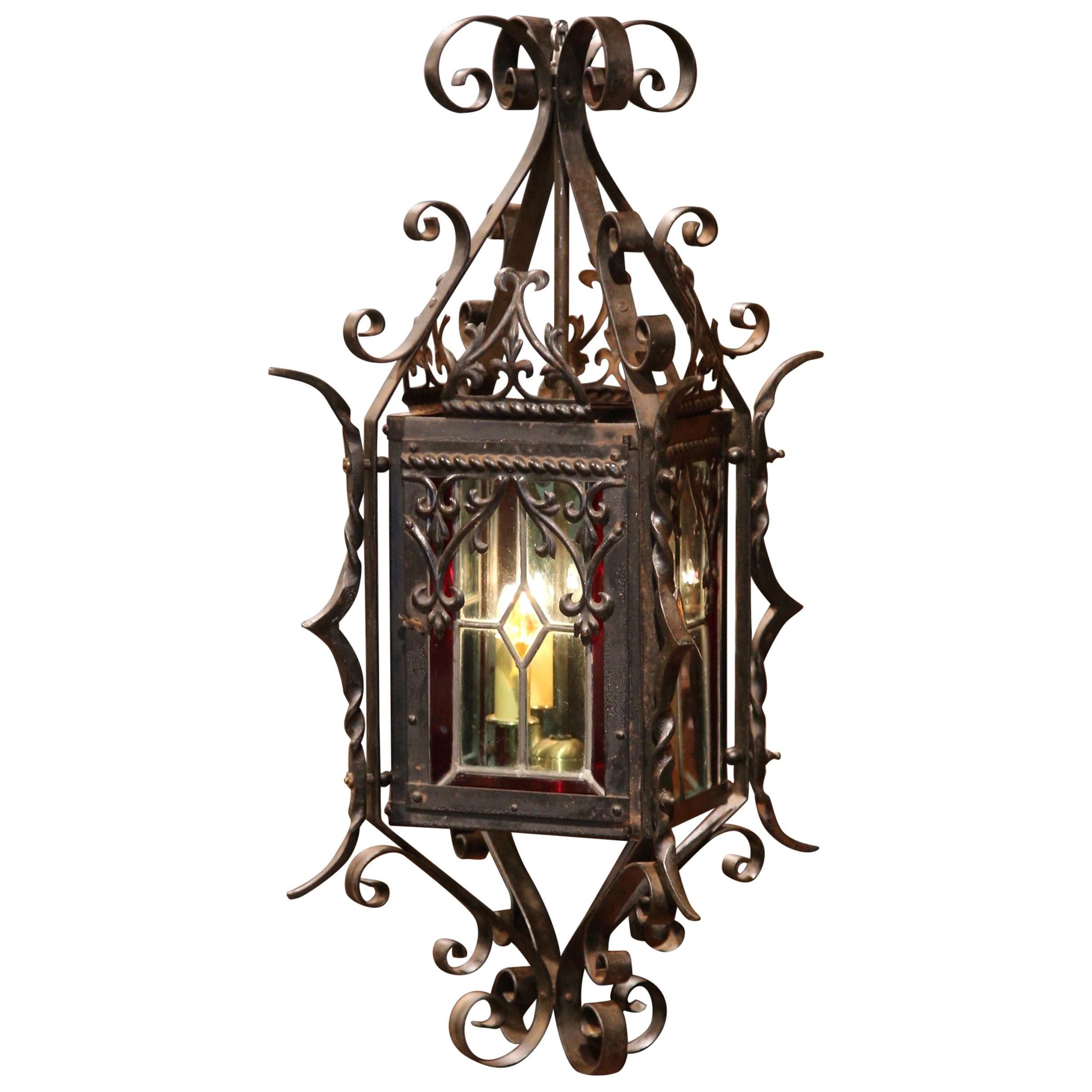19th Century French Napoleon III Black Iron and Stained Glass Lantern