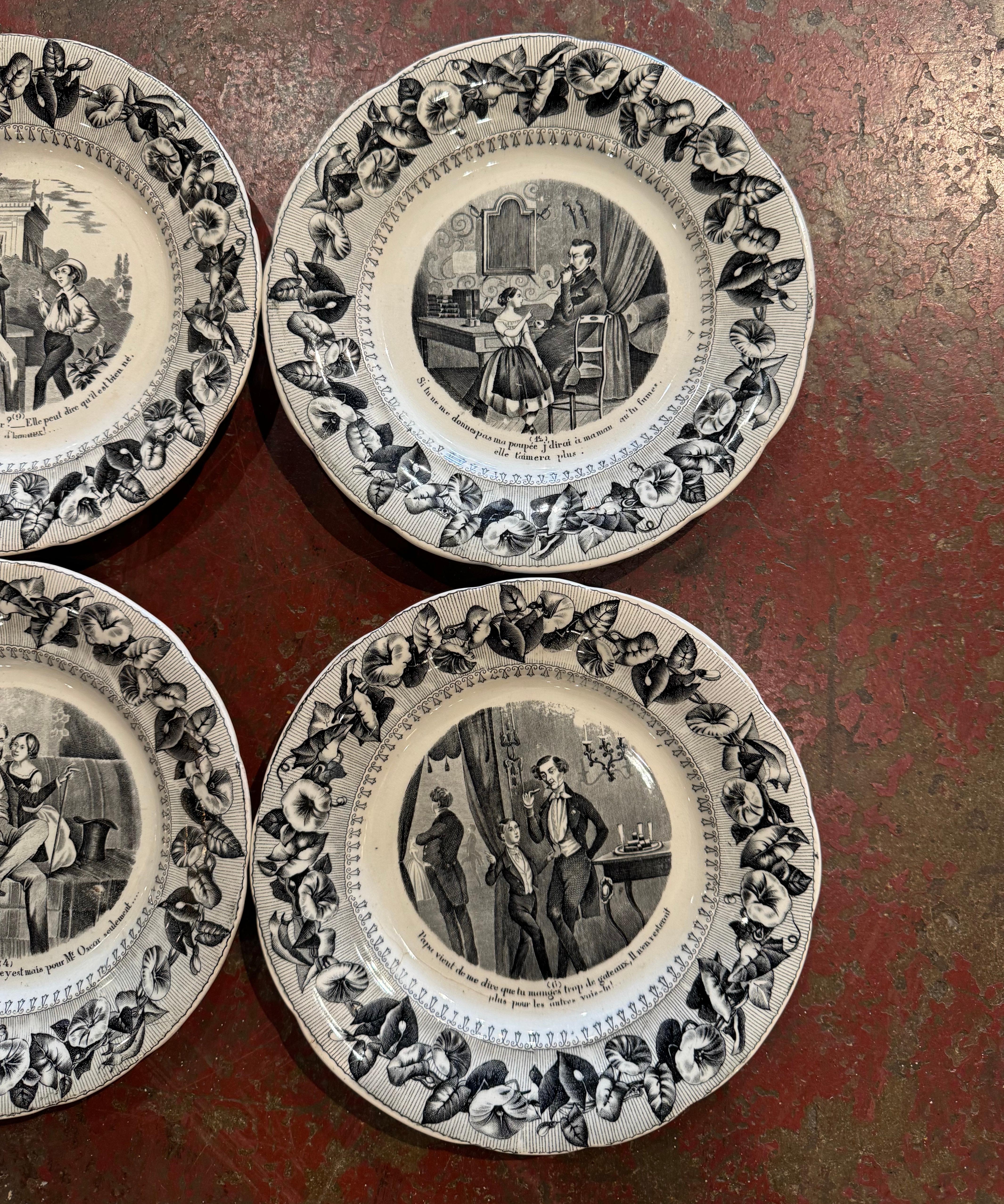 Französische Napoleon III.-Dessertteller aus schwarzer und weißer Keramik des 19. Jahrhunderts, 6er-Set (Handbemalt) im Angebot