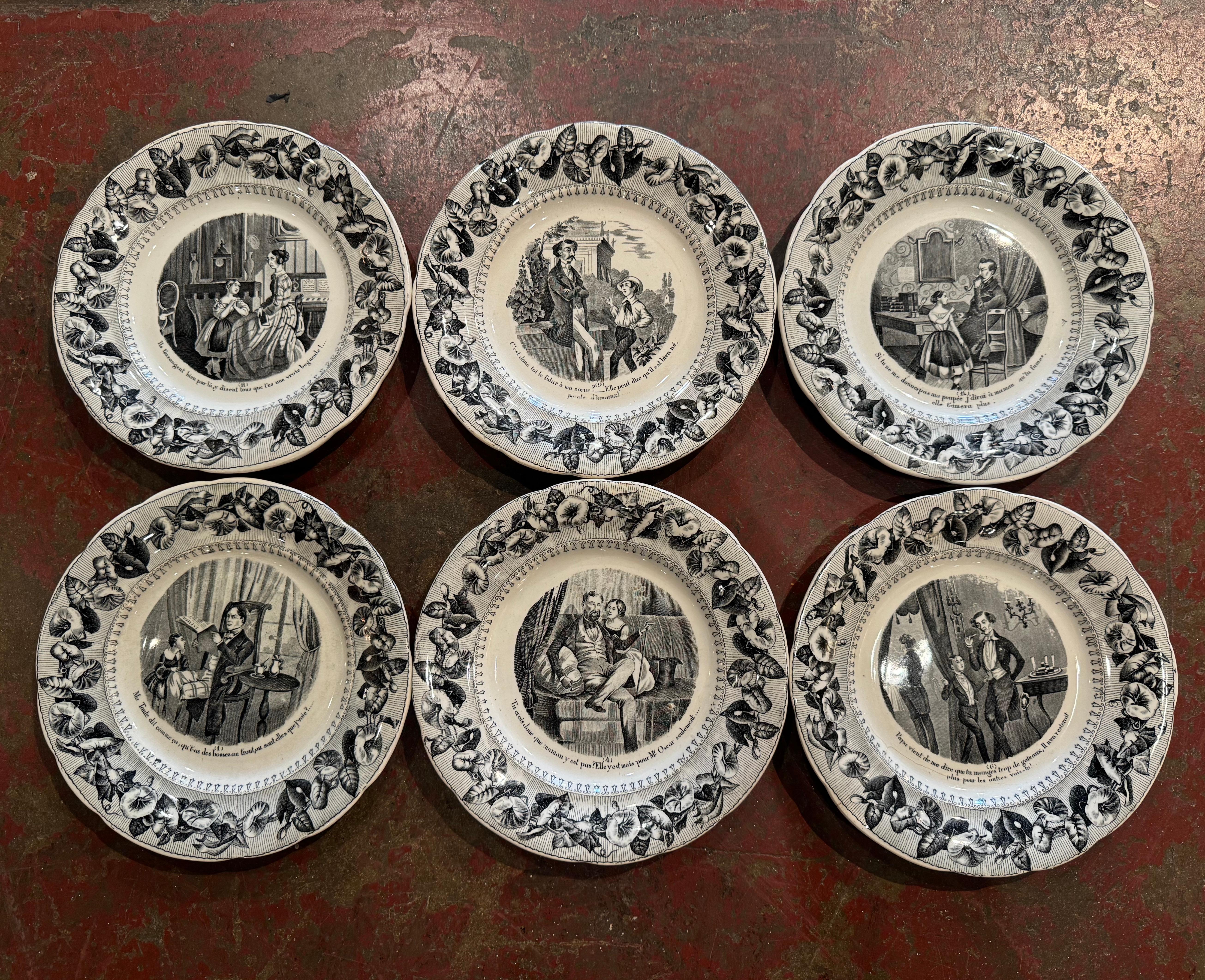 Assiettes à dessert Napoléon III en céramique noire et blanche du 19e siècle, ensemble de 6 Bon état - En vente à Dallas, TX