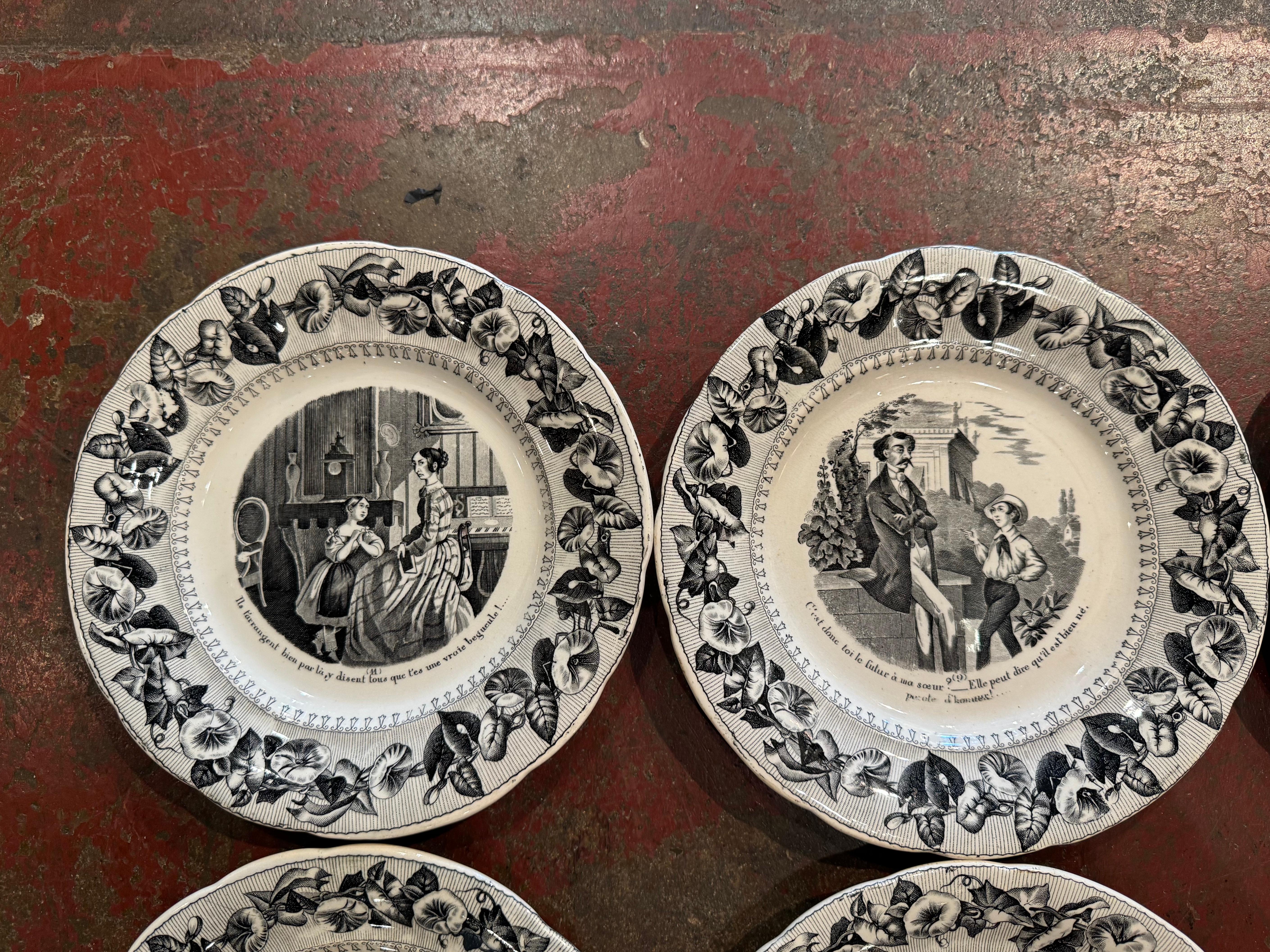 XIXe siècle Assiettes à dessert Napoléon III en céramique noire et blanche du 19e siècle, ensemble de 6 en vente
