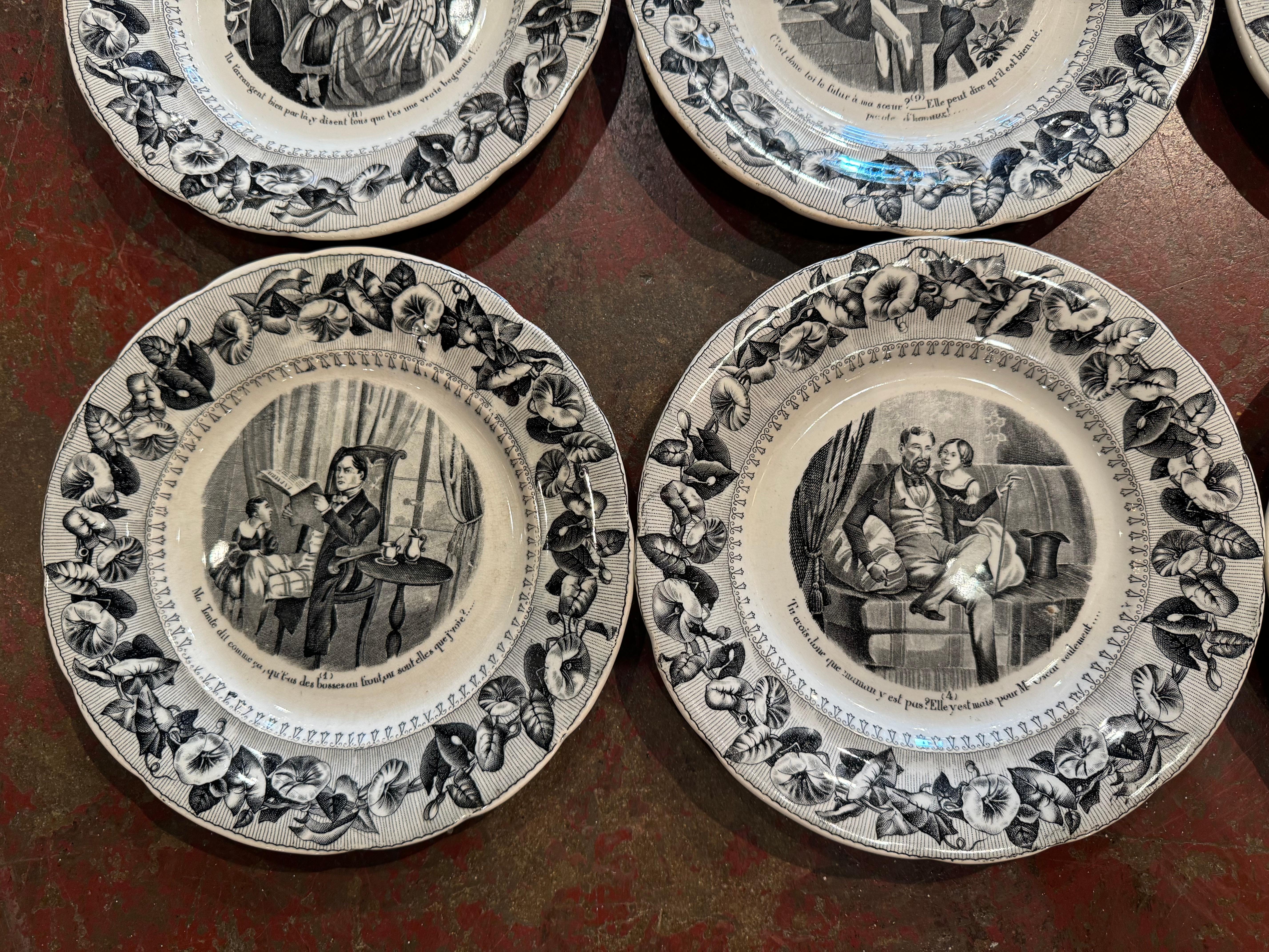 Französische Napoleon III.-Dessertteller aus schwarzer und weißer Keramik des 19. Jahrhunderts, 6er-Set im Angebot 3