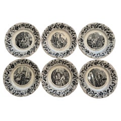 Französische Napoleon III.-Dessertteller aus schwarzer und weißer Keramik des 19. Jahrhunderts, 6er-Set