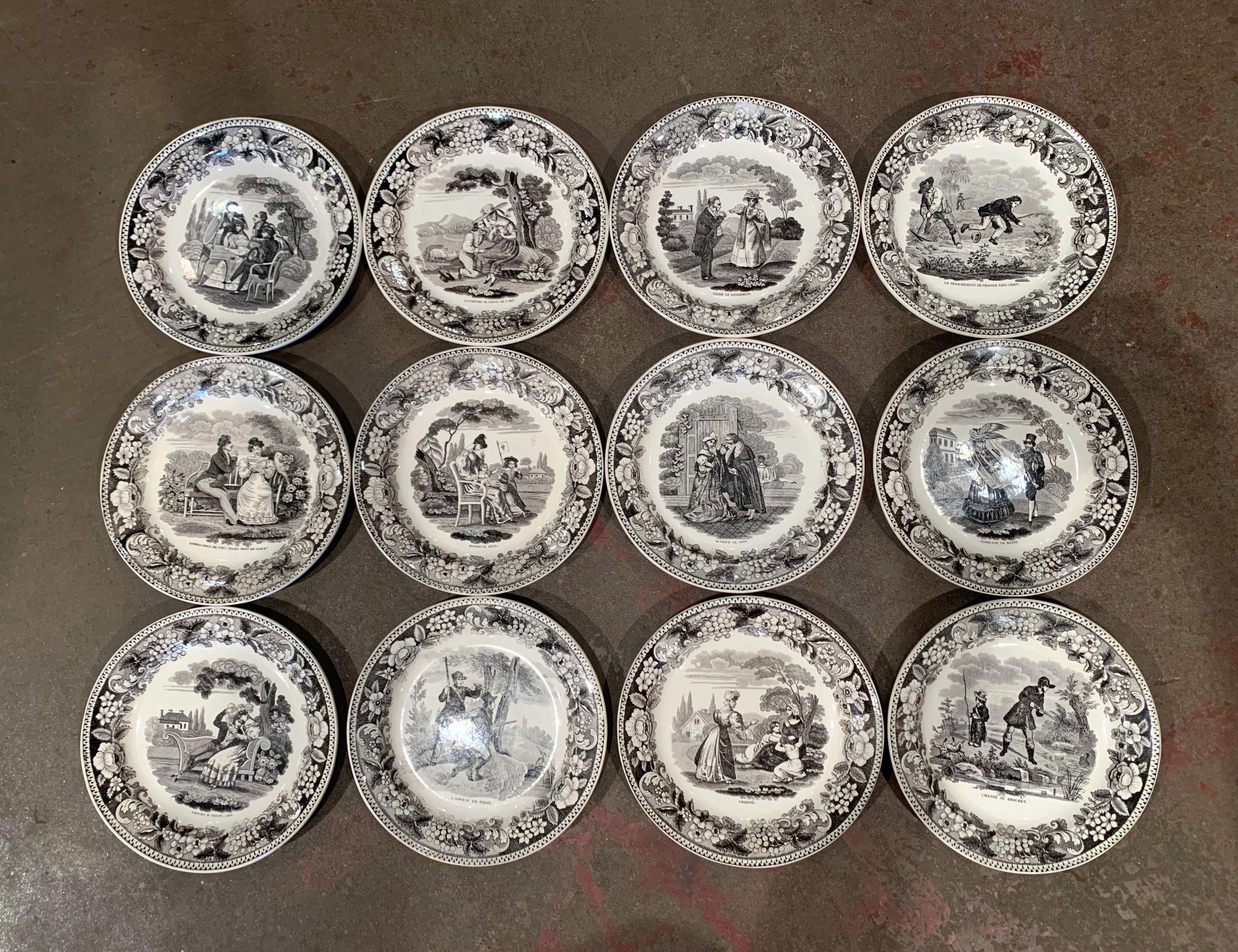 Hand-Painted 19th Century French Napoleon III Black and White Ceramic Plates, Set of 12