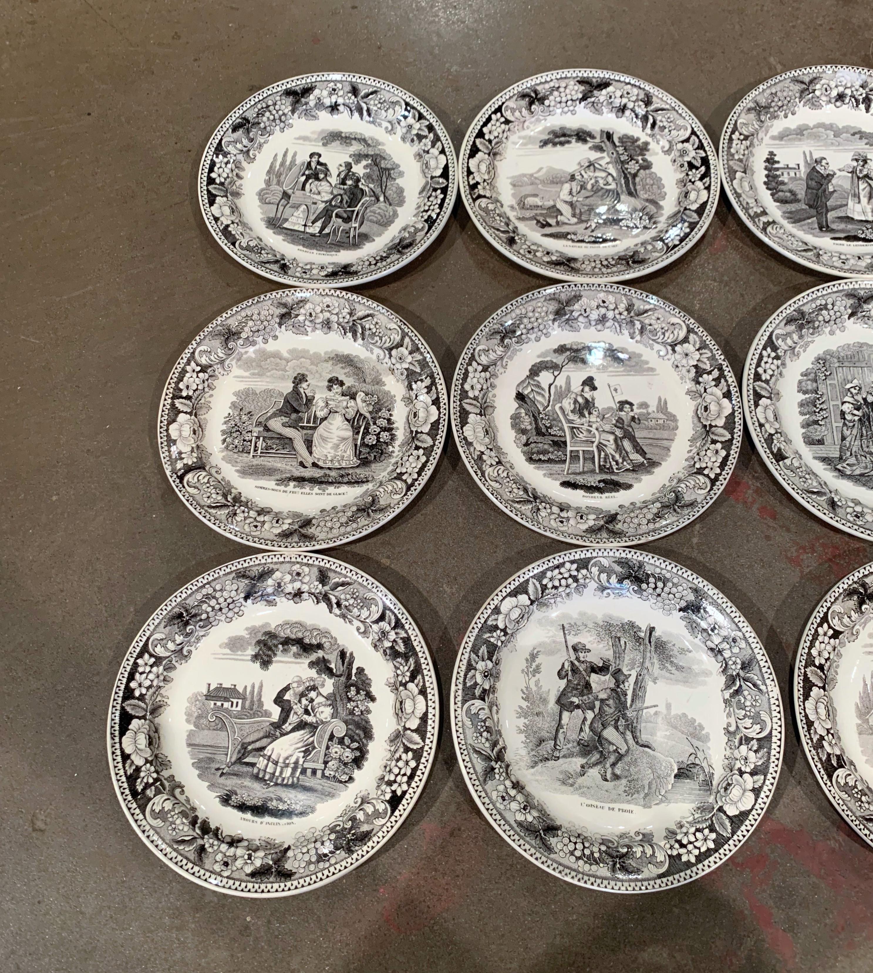 19th Century French Napoleon III Black and White Ceramic Plates, Set of 12 In Good Condition In Dallas, TX