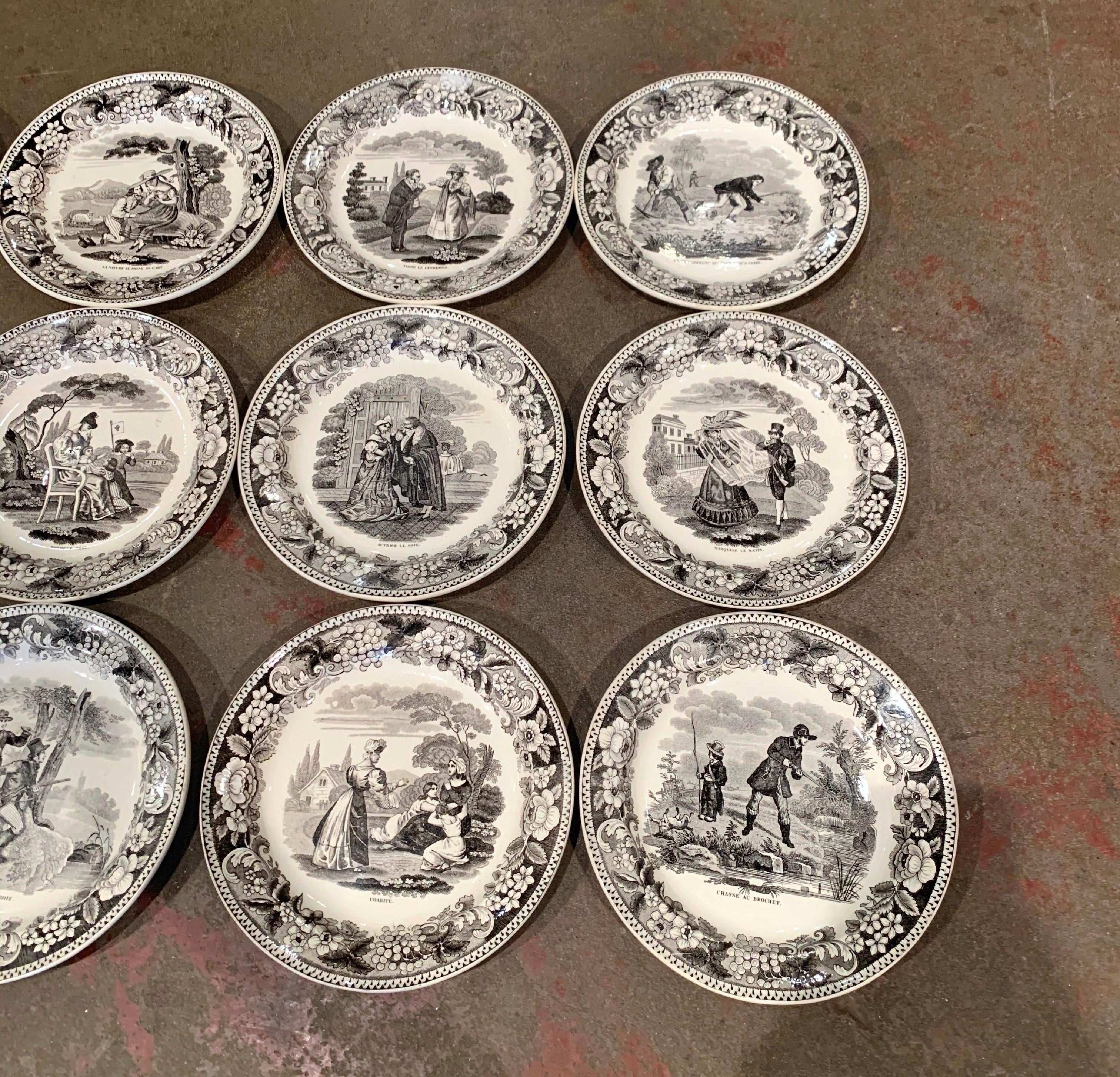 Hand-Painted 19th Century French Napoleon III Black and White Ceramic Plates, Set of 12