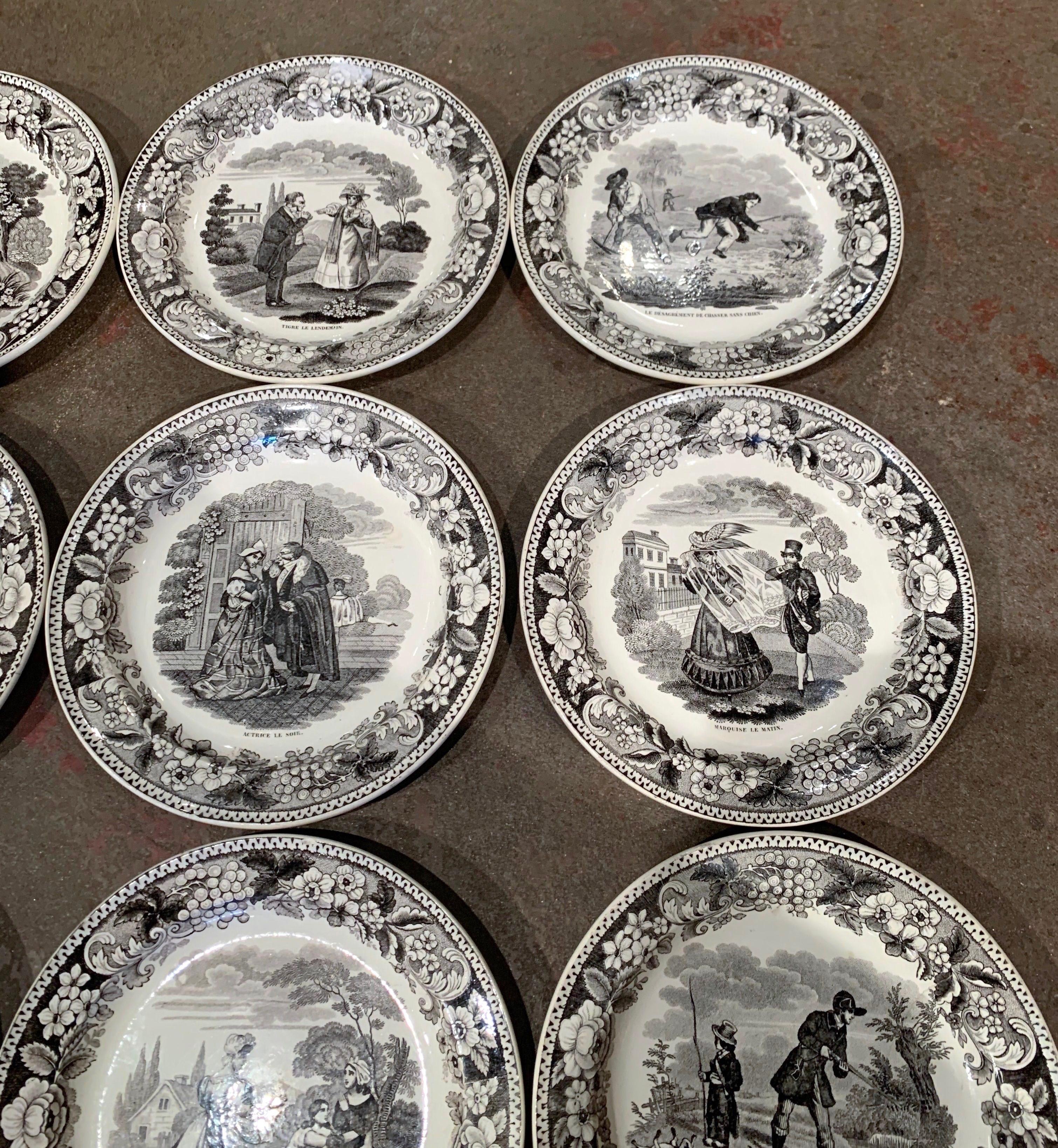 19th Century French Napoleon III Black and White Ceramic Plates, Set of 12 3