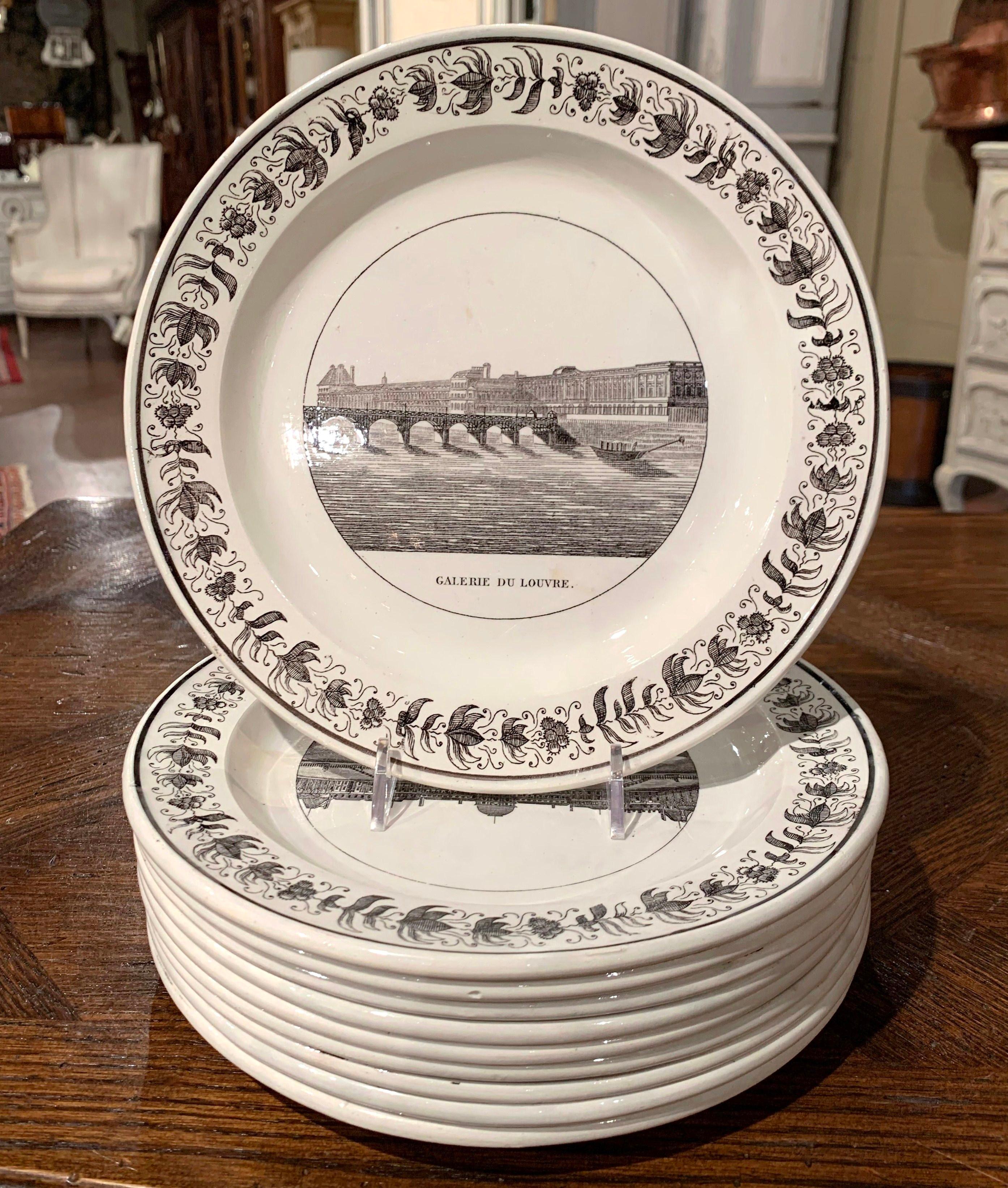 Hand-Painted 19th Century French Napoleon III Black and White Paris Scenes Plates, Set of 10