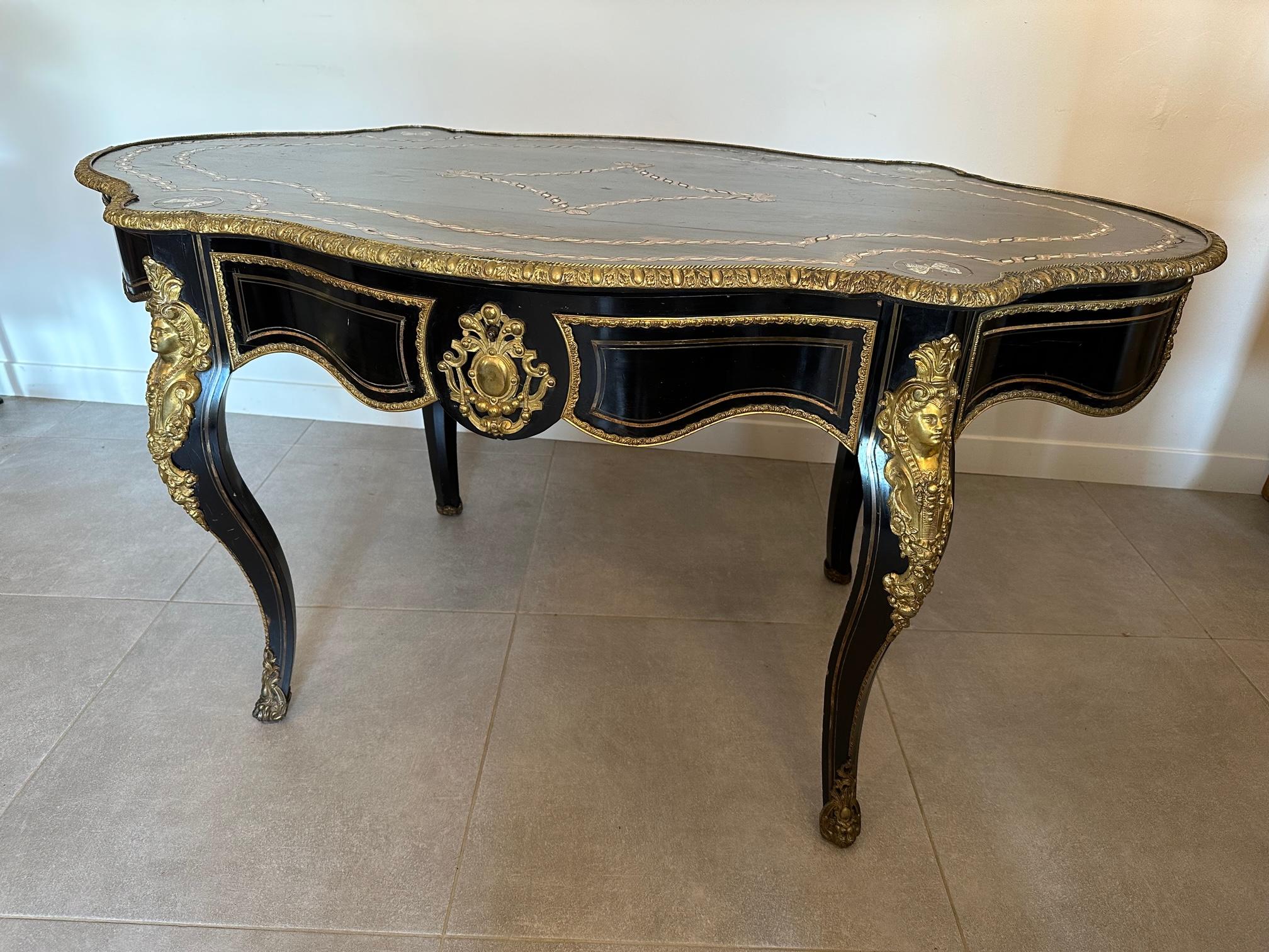 19th century French Napoleon III Blackened Pear and Bronze Desk 13