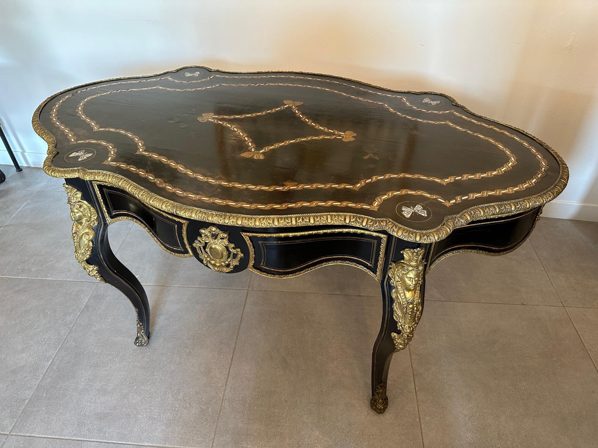 19th century French Napoleon III Blackened Pear and Bronze Desk 14