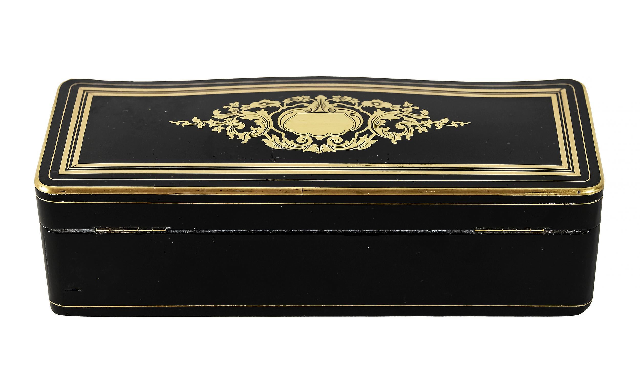 Antique French Napoleon III box with inlaid bronze decor, polished black color surface. Includes key.
After the renovation - very good condition.


