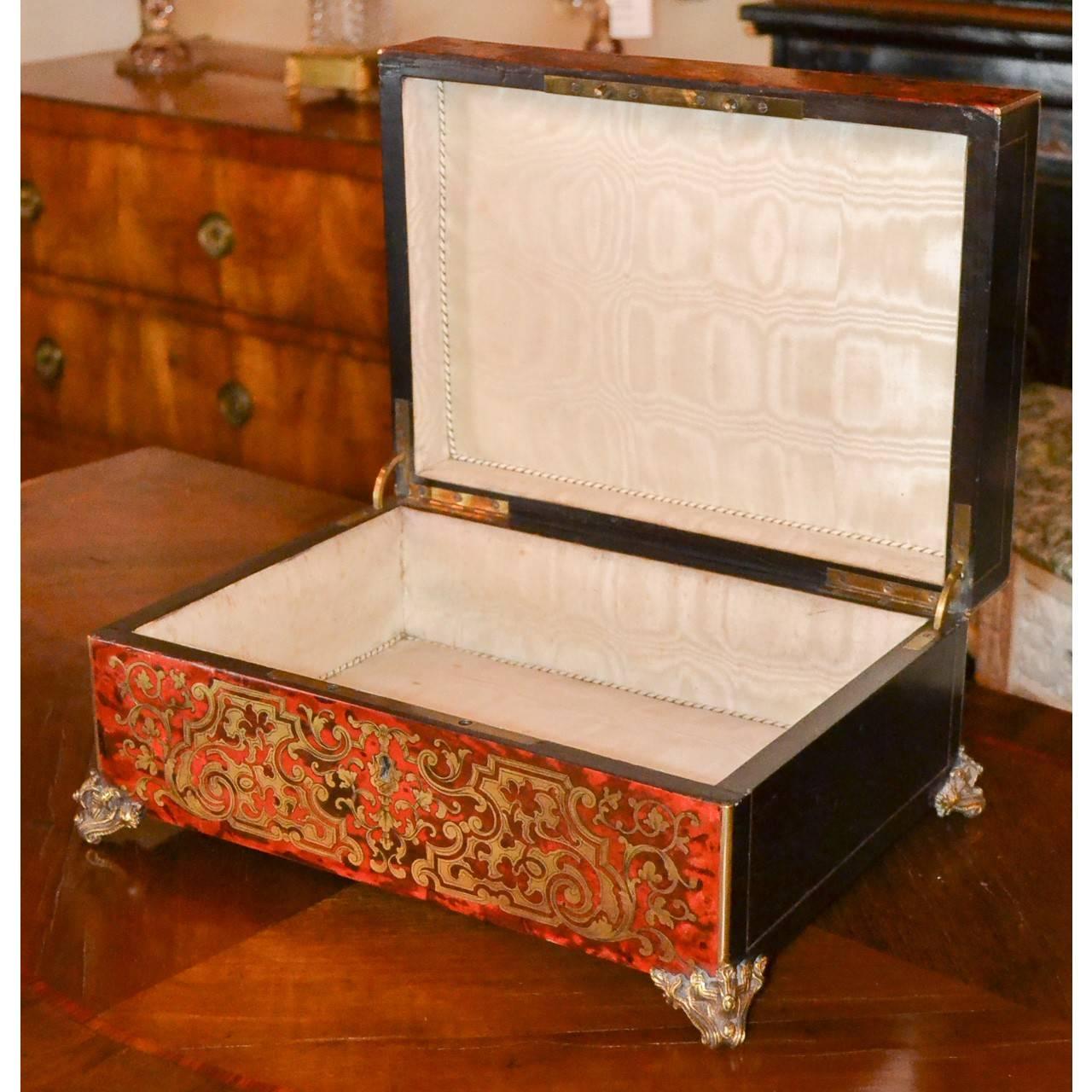 Fine and delicate brass inlay in this one of a kind Boulle style box made in France, circa 1880.
Wonderful box for special letters, jewelry, gloves, or whatever is important to you.
This would make a smashing gift.
Measures: 13.5 inches wide x 10