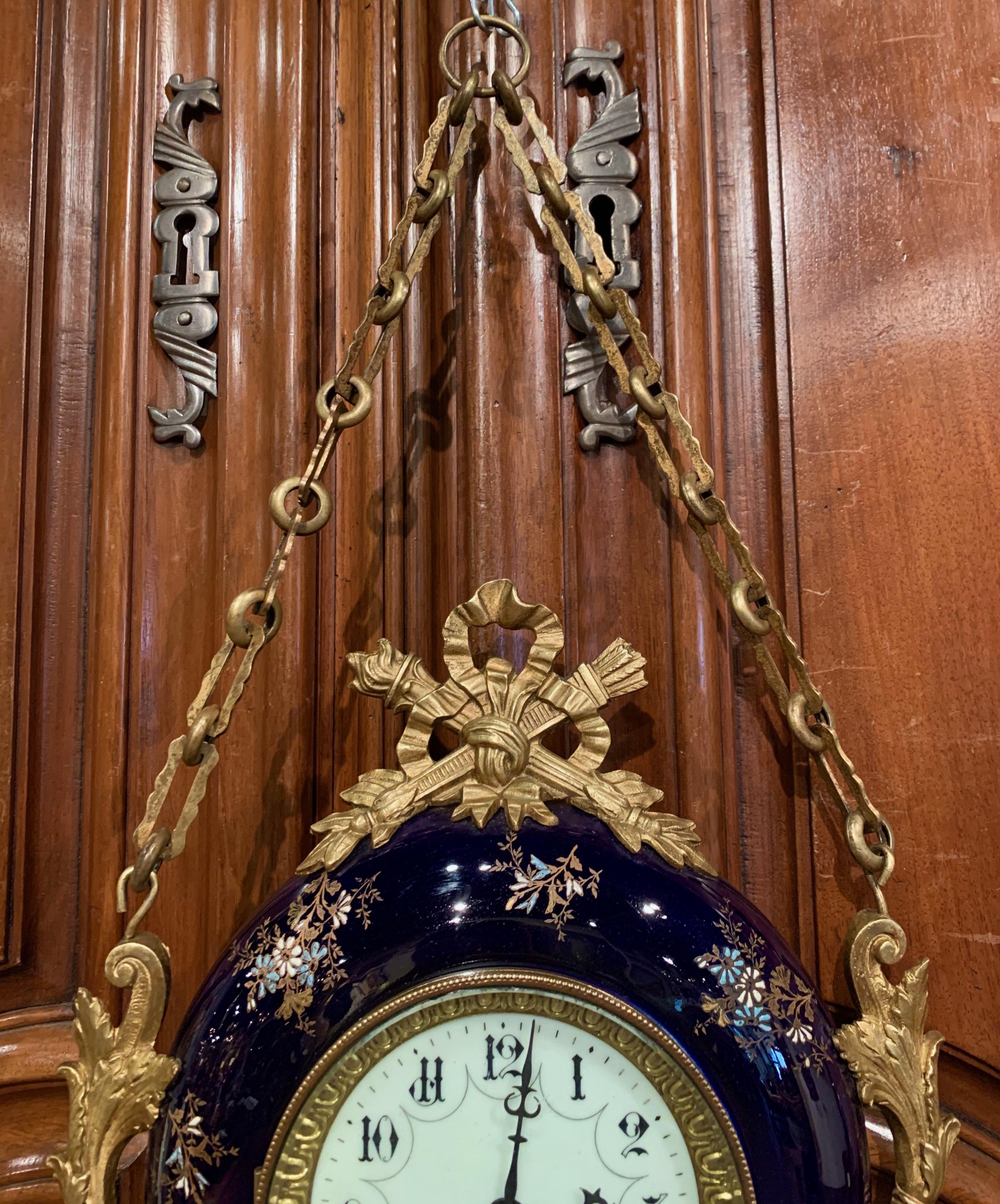 Hand-Crafted 19th Century French Napoleon III Brass and Blue Cobalt Porcelain Wall Clock