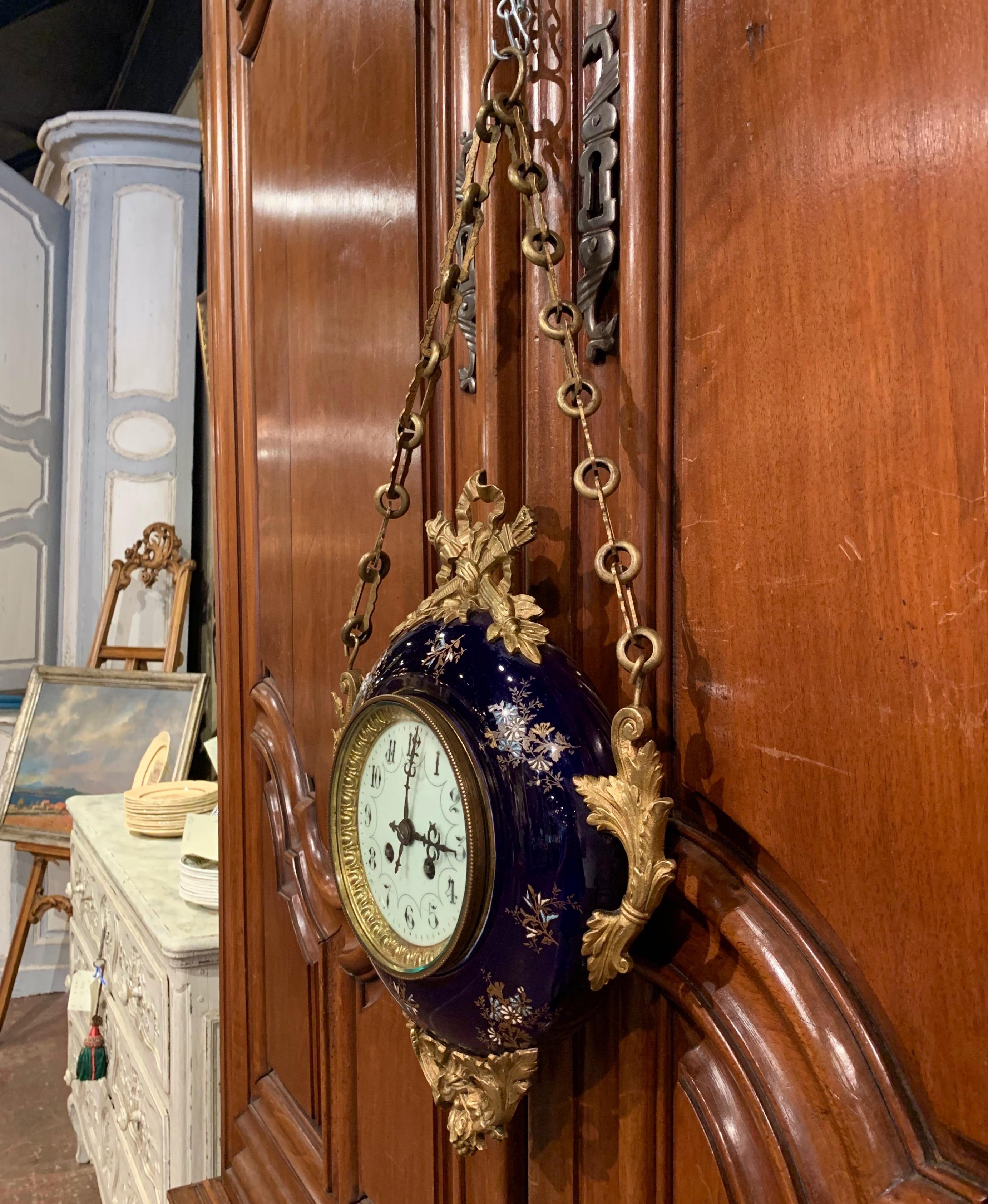 19th Century French Napoleon III Brass and Blue Cobalt Porcelain Wall Clock In Excellent Condition In Dallas, TX