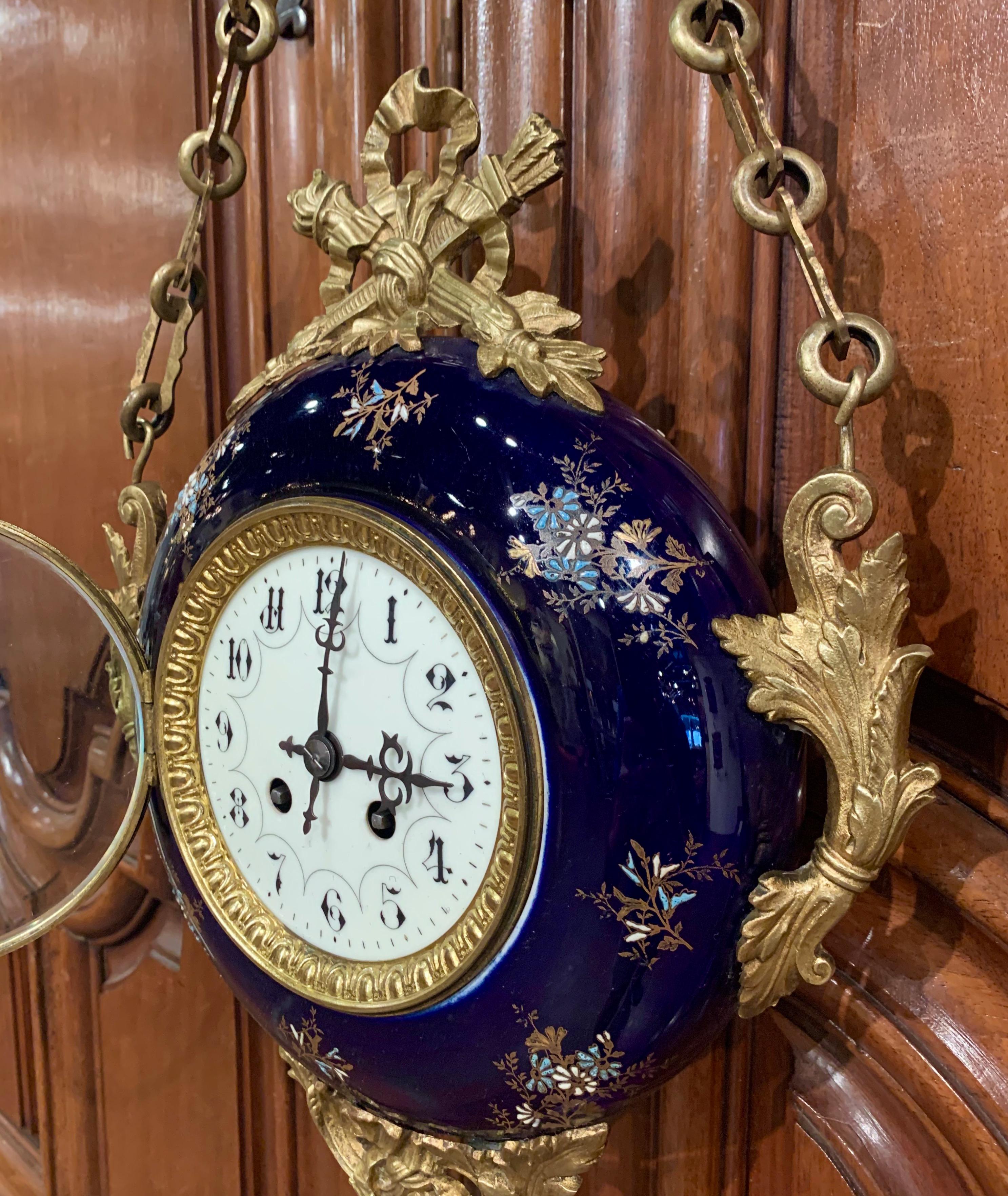 19th Century French Napoleon III Brass and Blue Cobalt Porcelain Wall Clock 1
