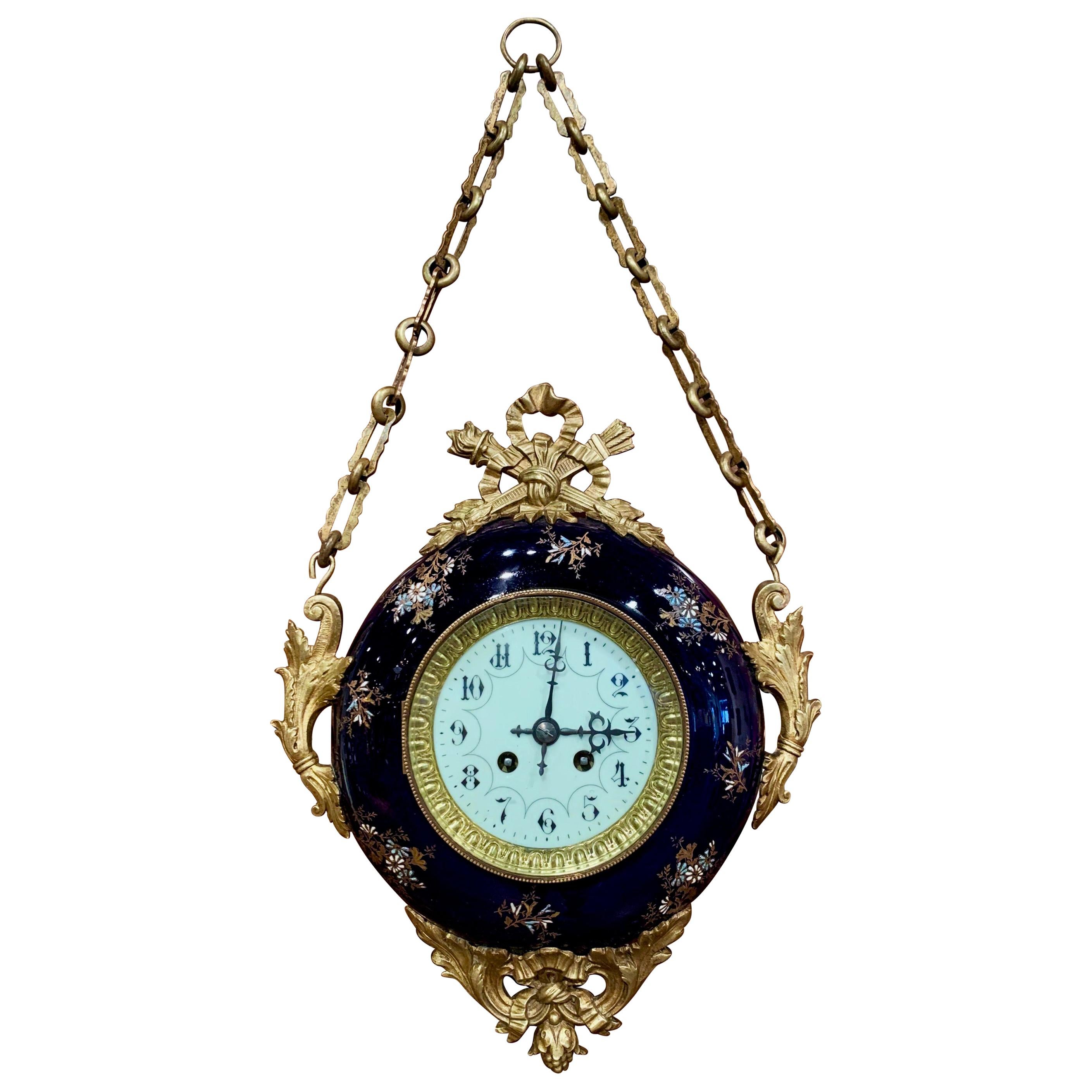 19th Century French Napoleon III Brass and Blue Cobalt Porcelain Wall Clock
