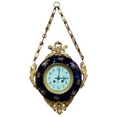 Antique 19th Century French Napoleon III Brass and Blue Cobalt Porcelain Wall Clock