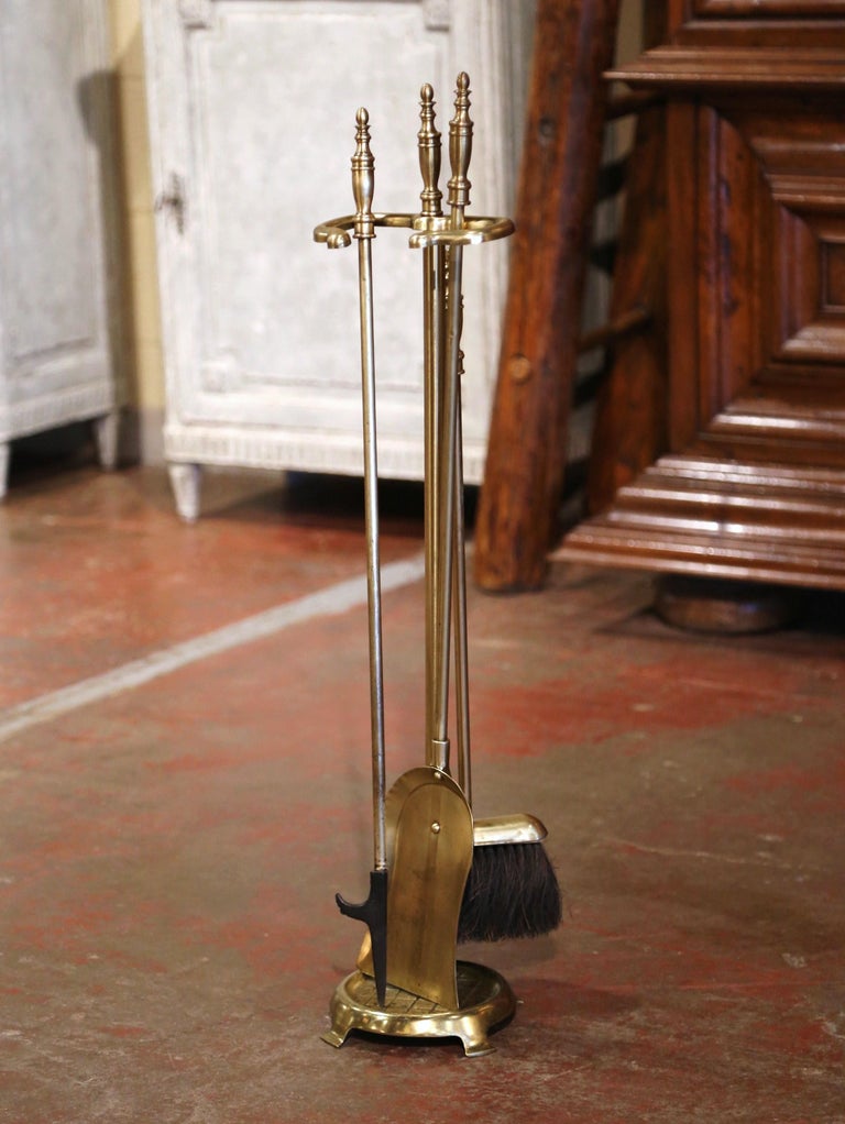 19th Century French Napoleon III Brass Fireplace Tool, Four Pieces Set
