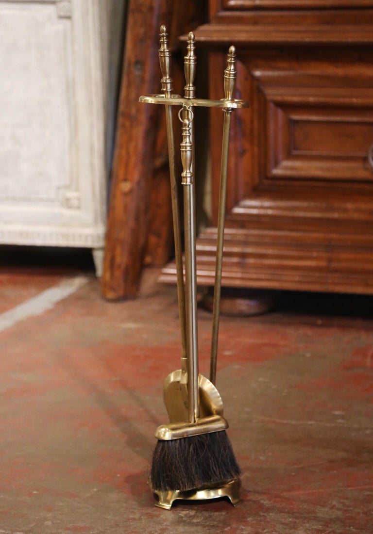 19th Century French Napoleon III Brass Fireplace Tool, Four Pieces Set