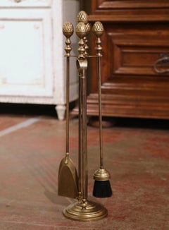 19th Century French Napoleon III Brass Fireplace Tool Set on Stand - Four Pieces