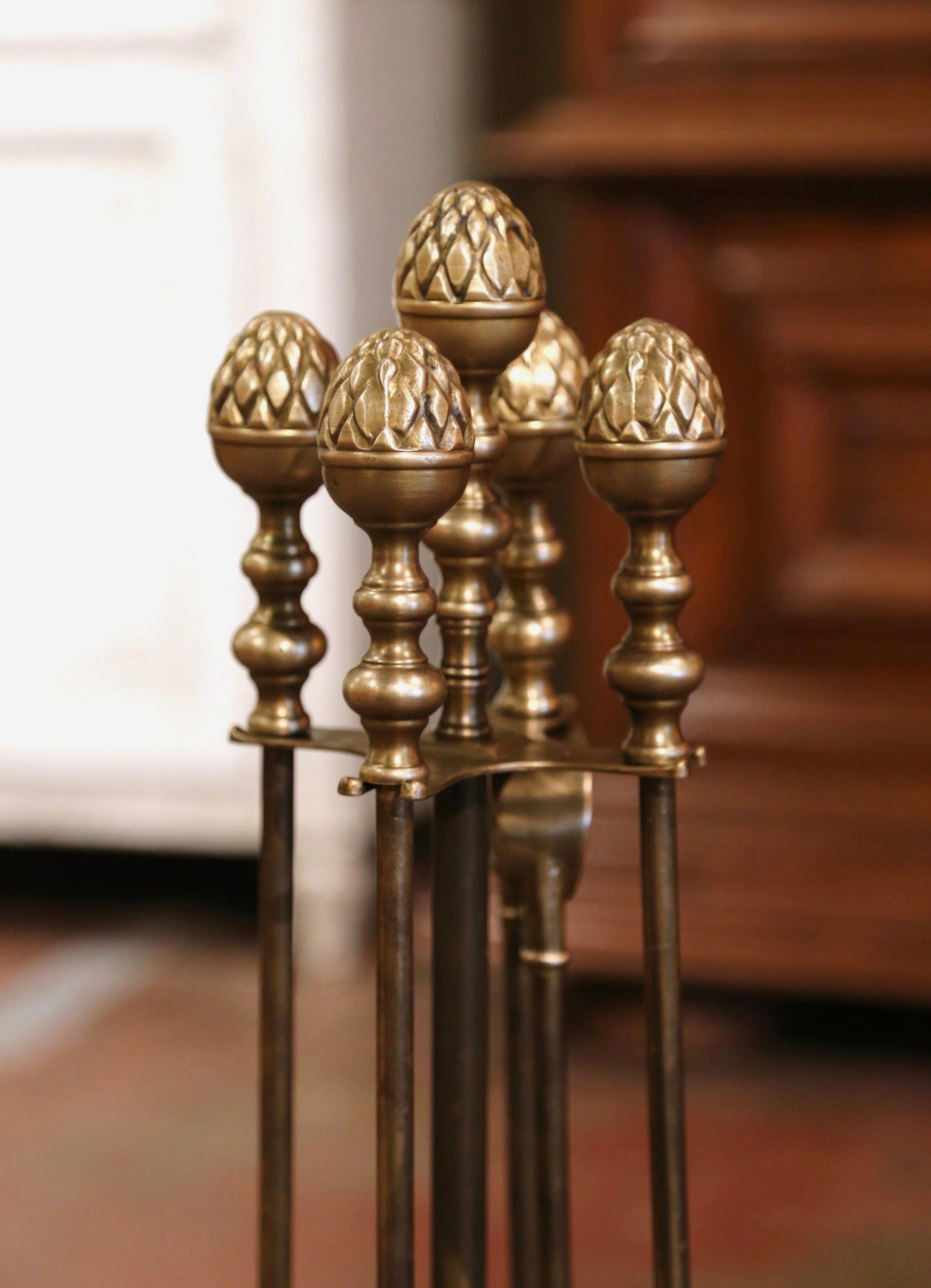 19th Century French Napoleon III Brass Fireplace Tool Set on Stand - Four Pieces In Excellent Condition In Dallas, TX
