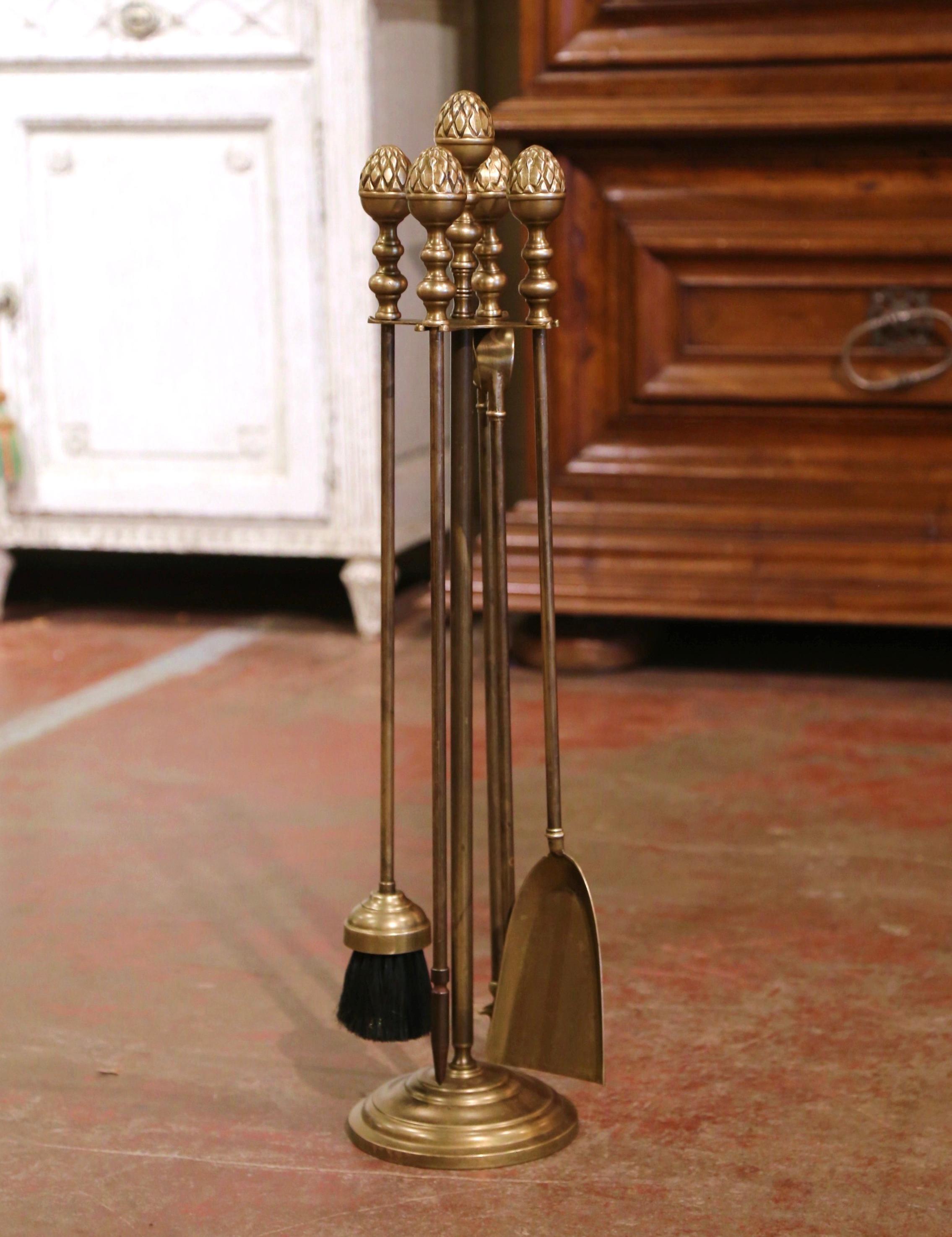 19th Century French Napoleon III Brass Fireplace Tool Set on Stand - Four Pieces 1